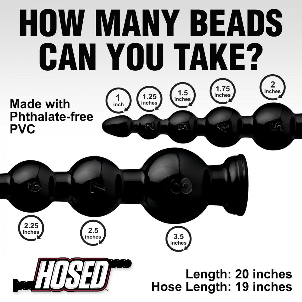 Hosed 19 Inch Graduated Bead Anal Snake featuring eight smooth bulbs for anal play, made of phthalate-free PVC in sleek black color.