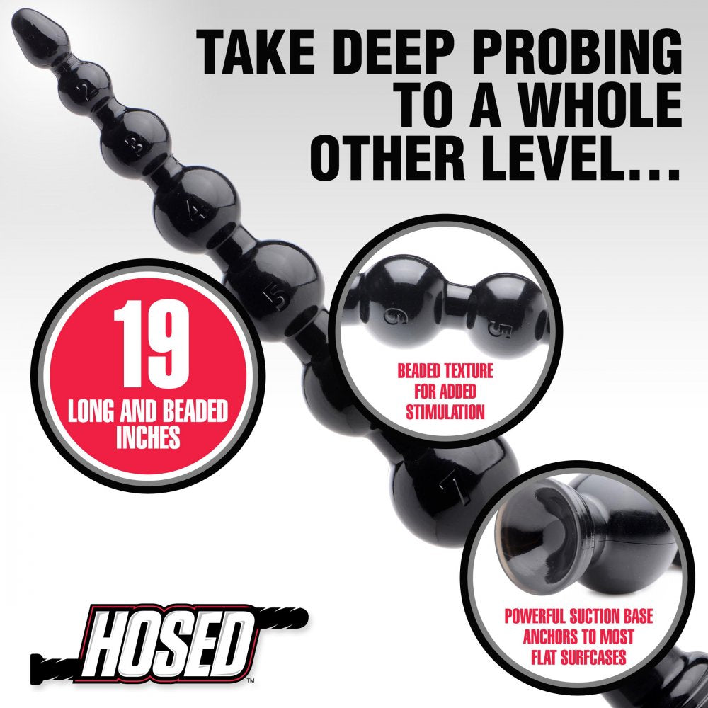 Hosed 19 Inch Graduated Bead Anal Snake featuring eight smooth bulbs for anal play, made of phthalate-free PVC in sleek black color.