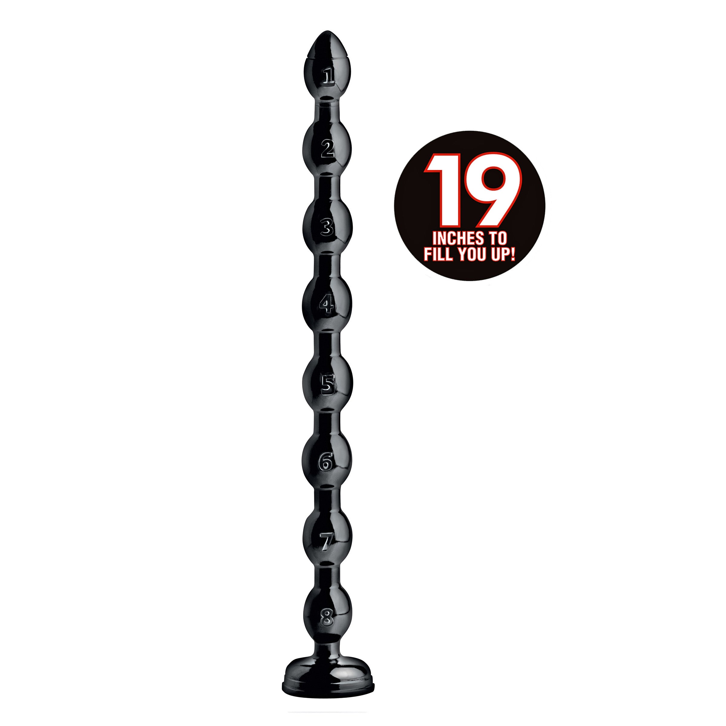 Hosed Beaded 19 Inch Anal Snake with 8 flexible bulbs and suction cup base, designed for deep anal pleasure.