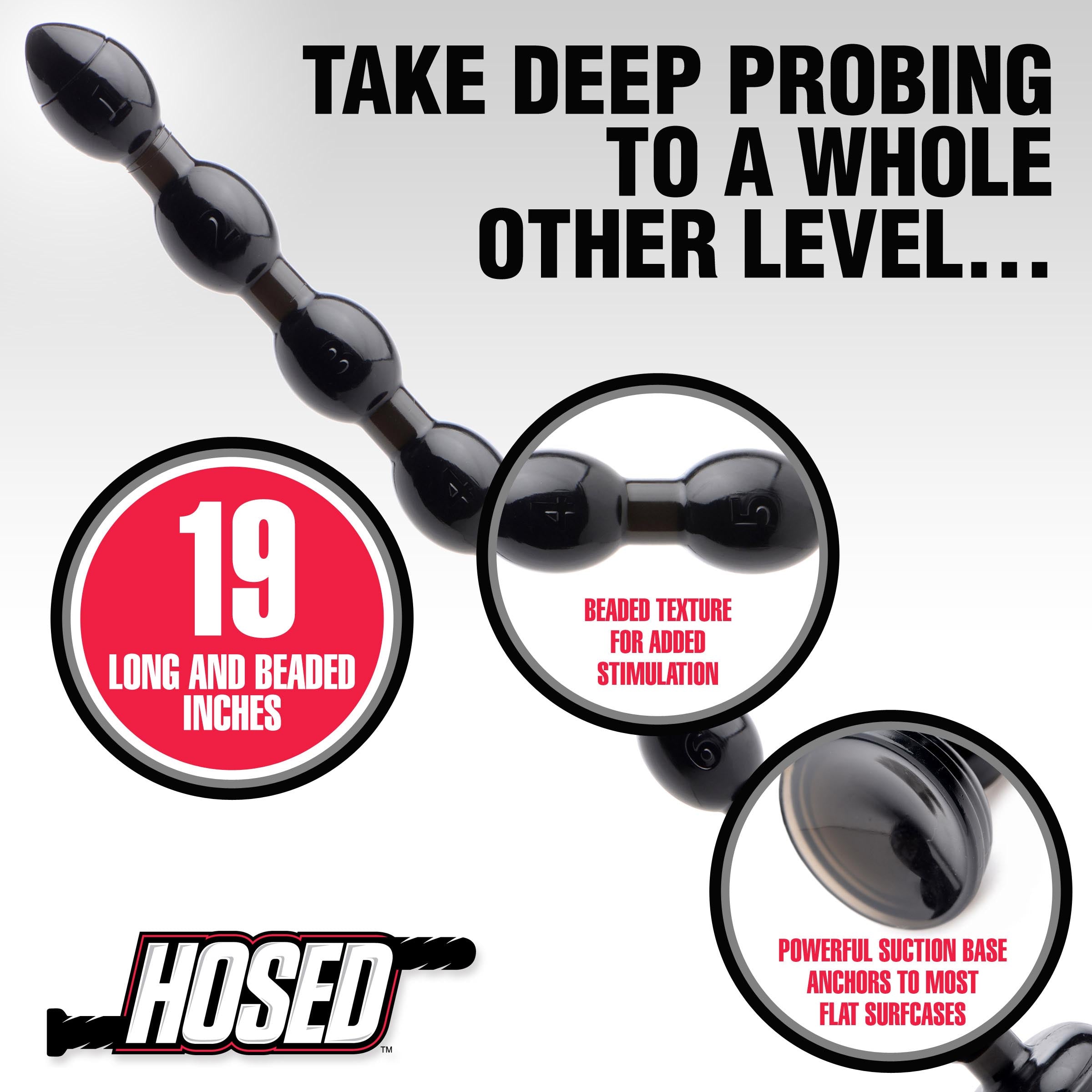 Hosed Beaded 19 Inch Anal Snake with 8 flexible bulbs and suction cup base, designed for deep anal pleasure.