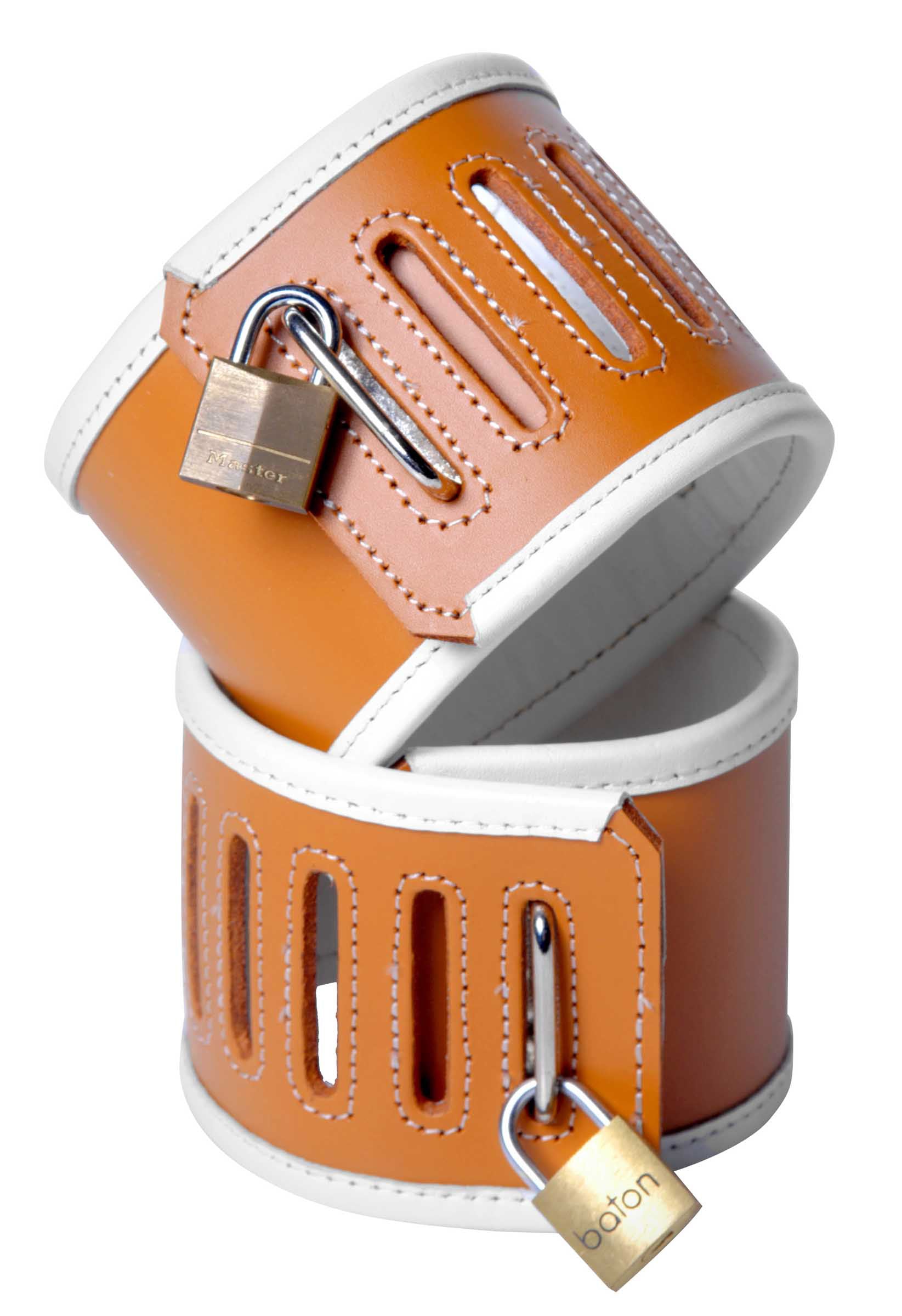 High-quality tan and white leather ankle cuffs with a square D-ring for secure restraint.