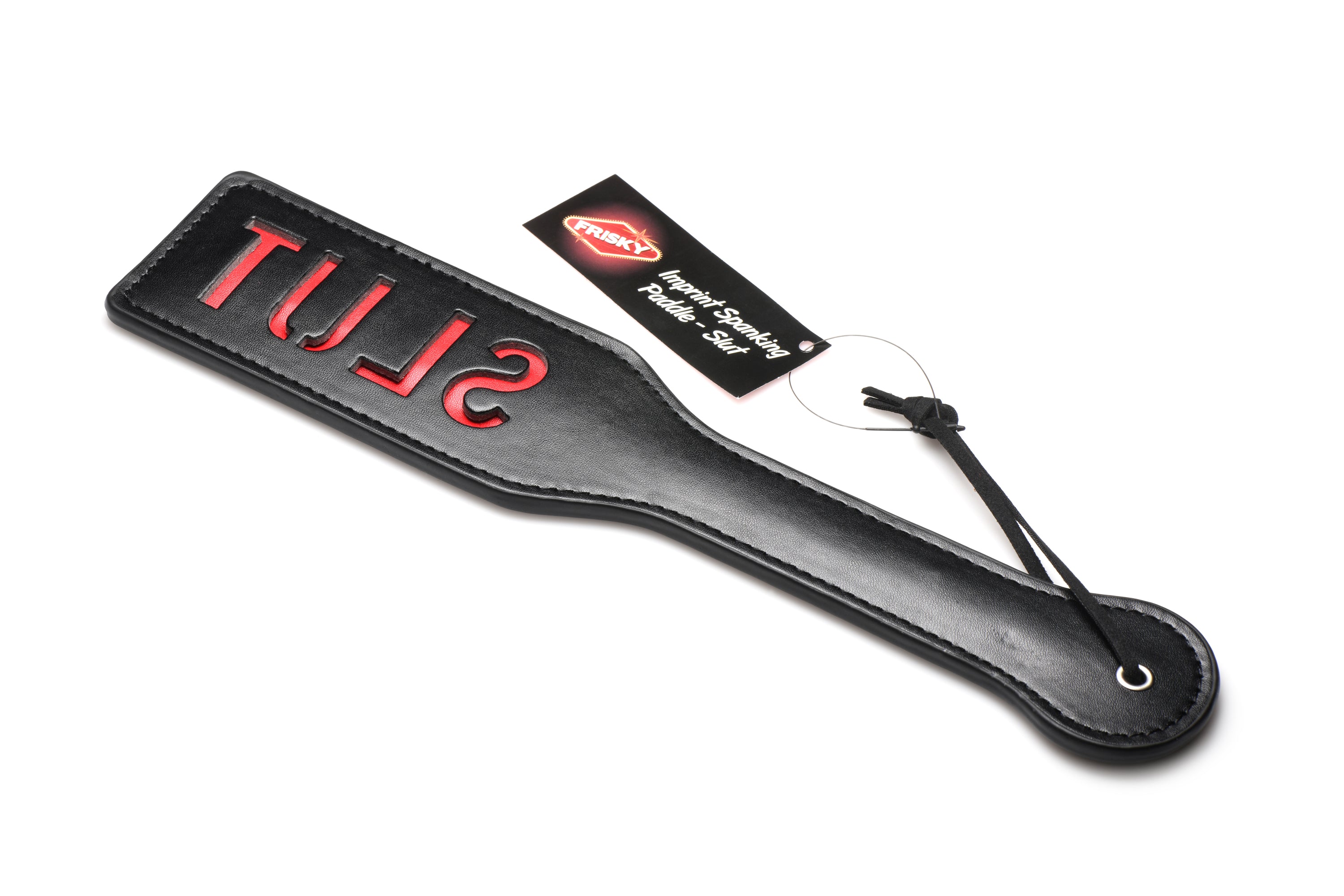 Imprint Spanking Paddle - Slut made of PU leather, featuring a reversed imprint design for playful spanking.