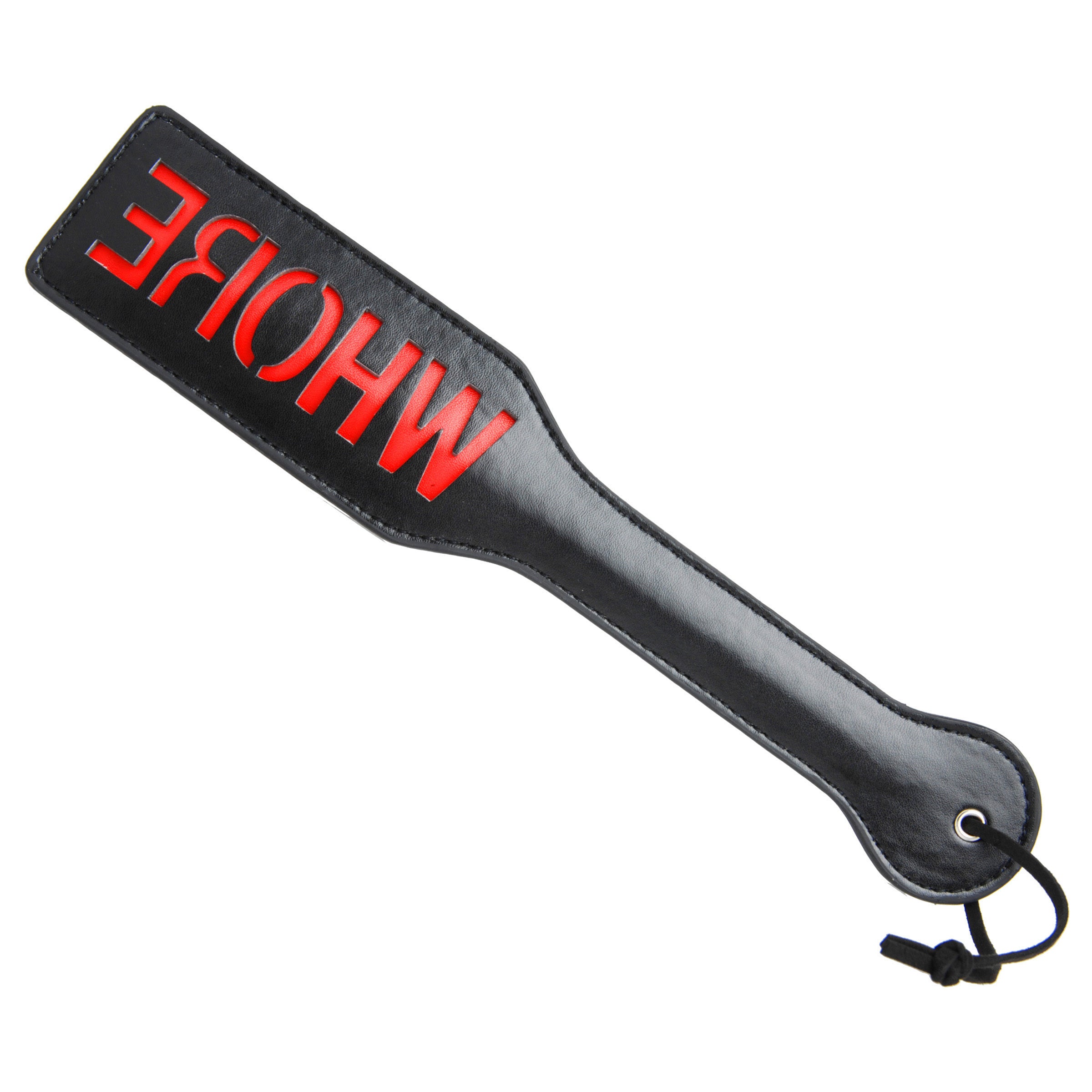 Imprint Spanking Paddle- Whore made of PU leather, featuring a reversed imprint design for playful BDSM sessions.