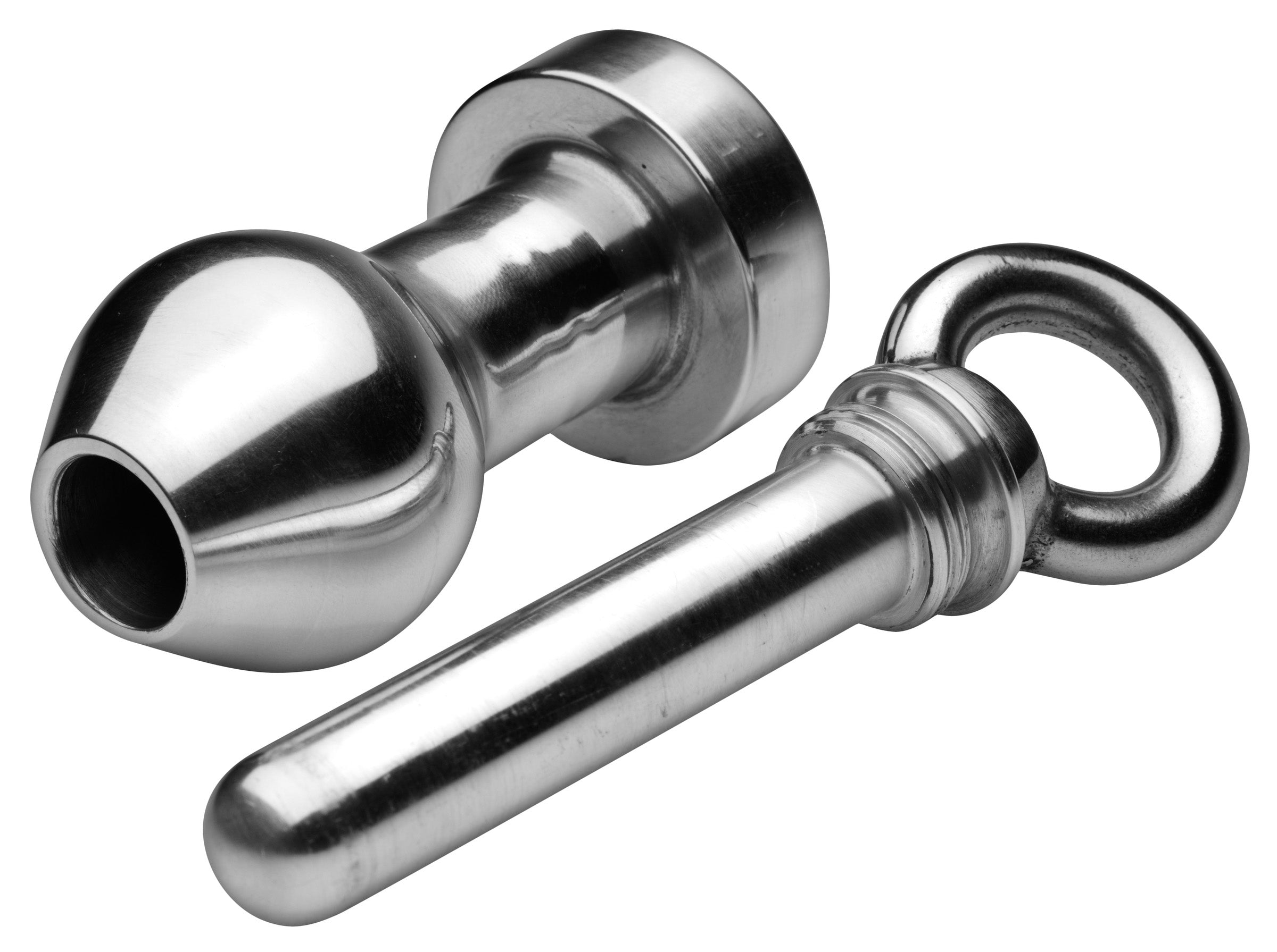 Inner Reaches Hollow Stainless Steel Anal Plug with removable inner portion, showcasing its sleek silver design and smooth surface.