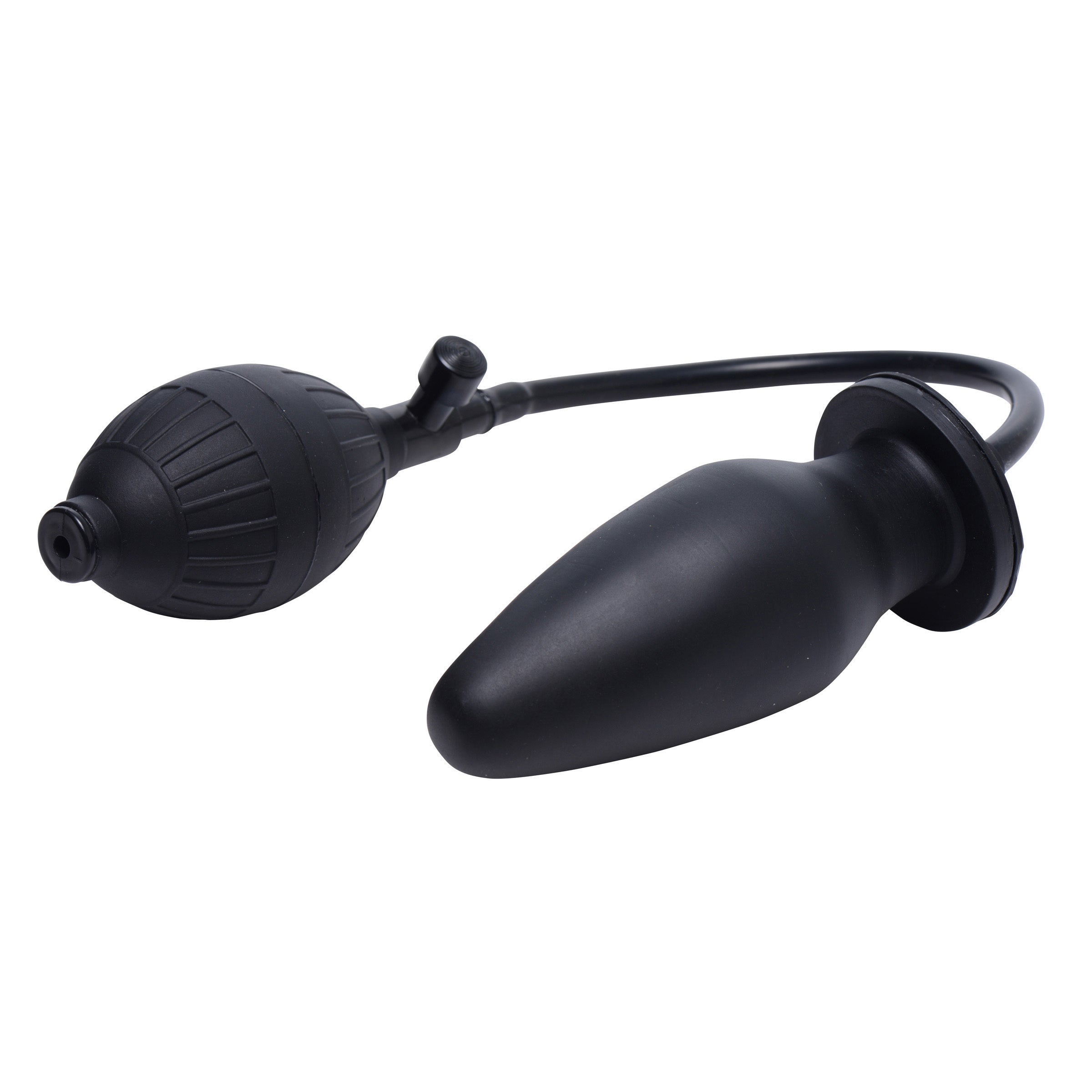 Heavy-duty inflatable butt plug in black rubber with tapered tip and flared base for safety.