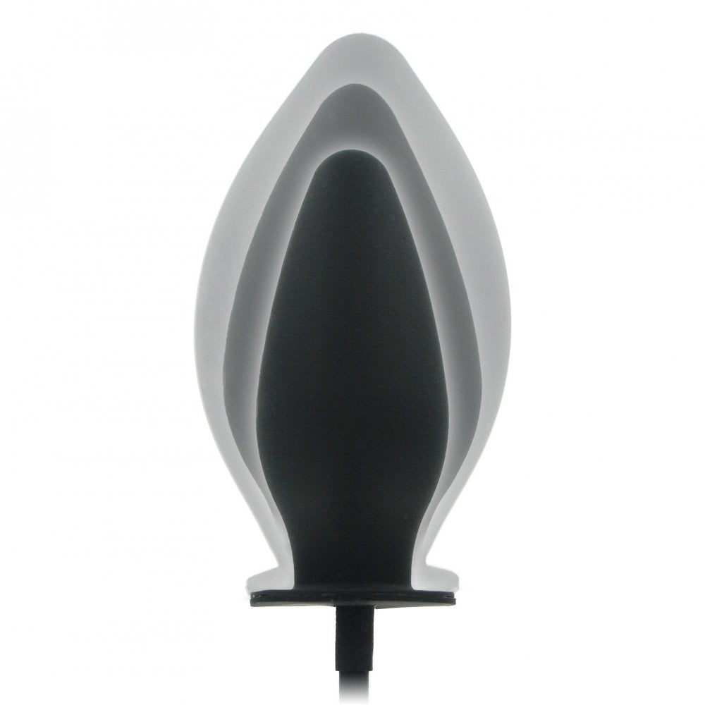 Heavy-duty inflatable butt plug in black rubber with tapered tip and flared base for safety.