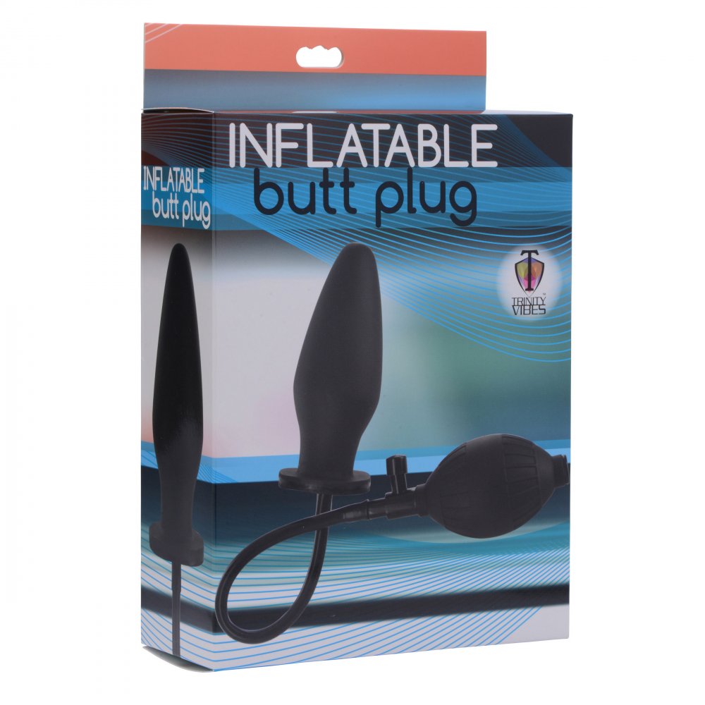 Heavy-duty inflatable butt plug in black rubber with tapered tip and flared base for safety.