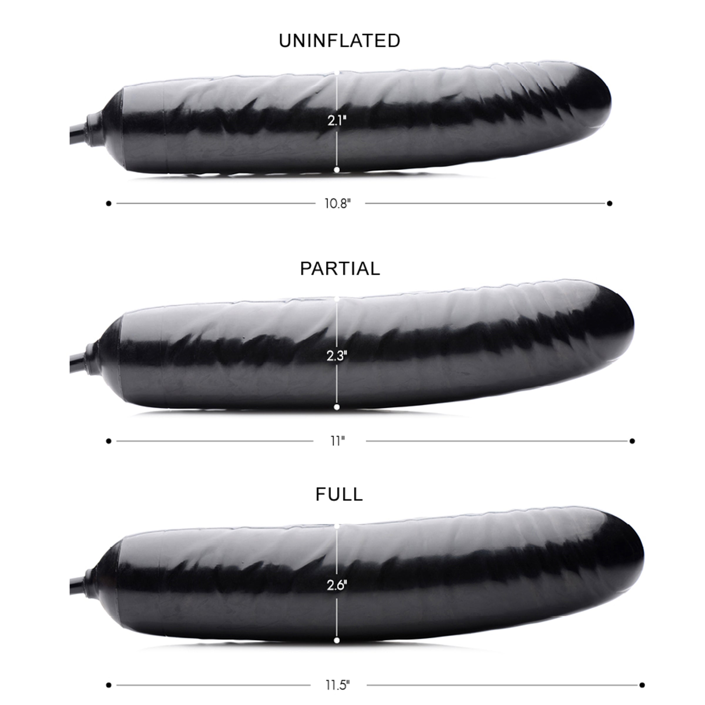 Trinity Inflatable Dildo in black, showcasing its ridged shaft and bulbed base, designed for customizable pleasure.