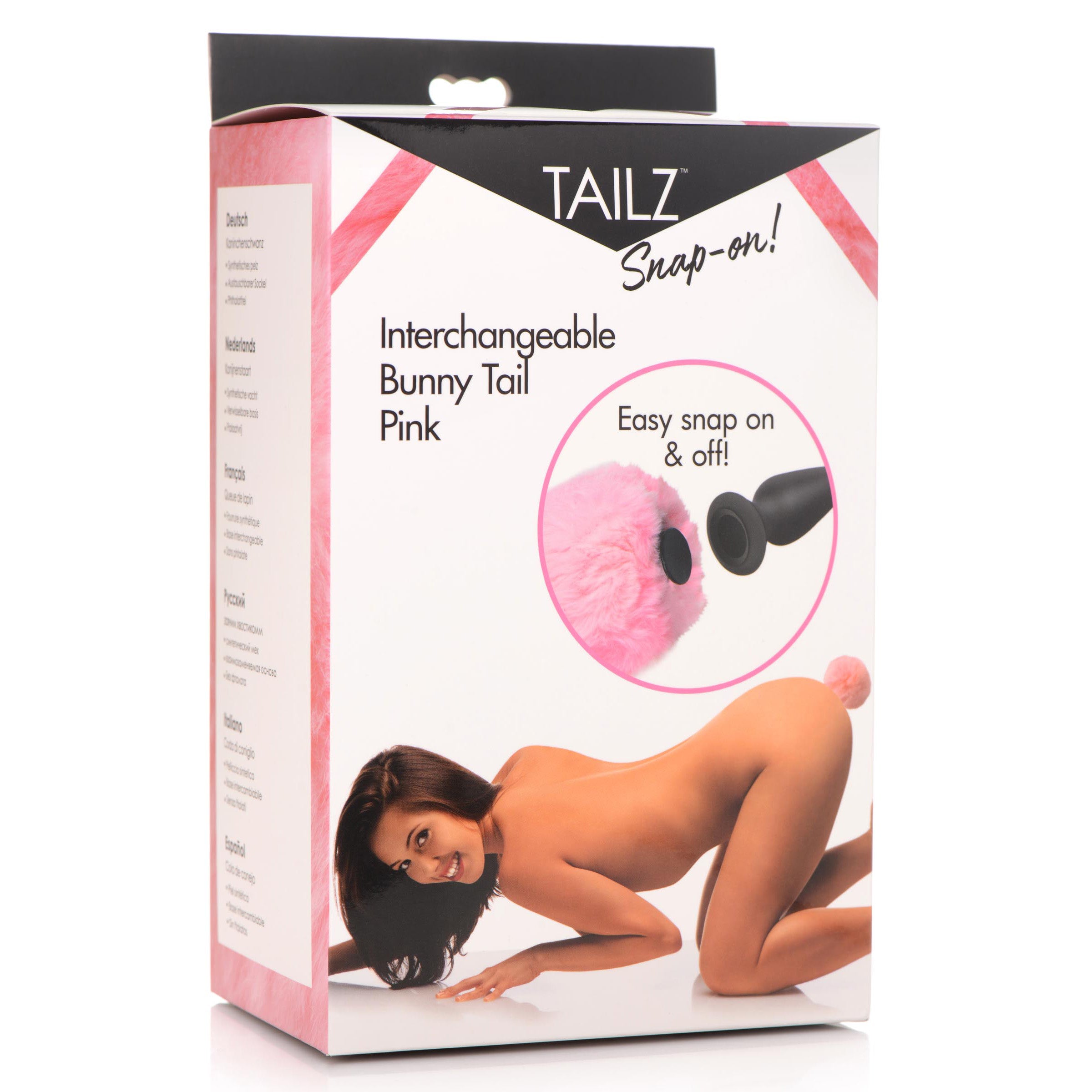 A soft and fluffy pink bunny tail designed for playful animal roleplay, attached to a Snap-On base for easy interchangeability with anal plugs.