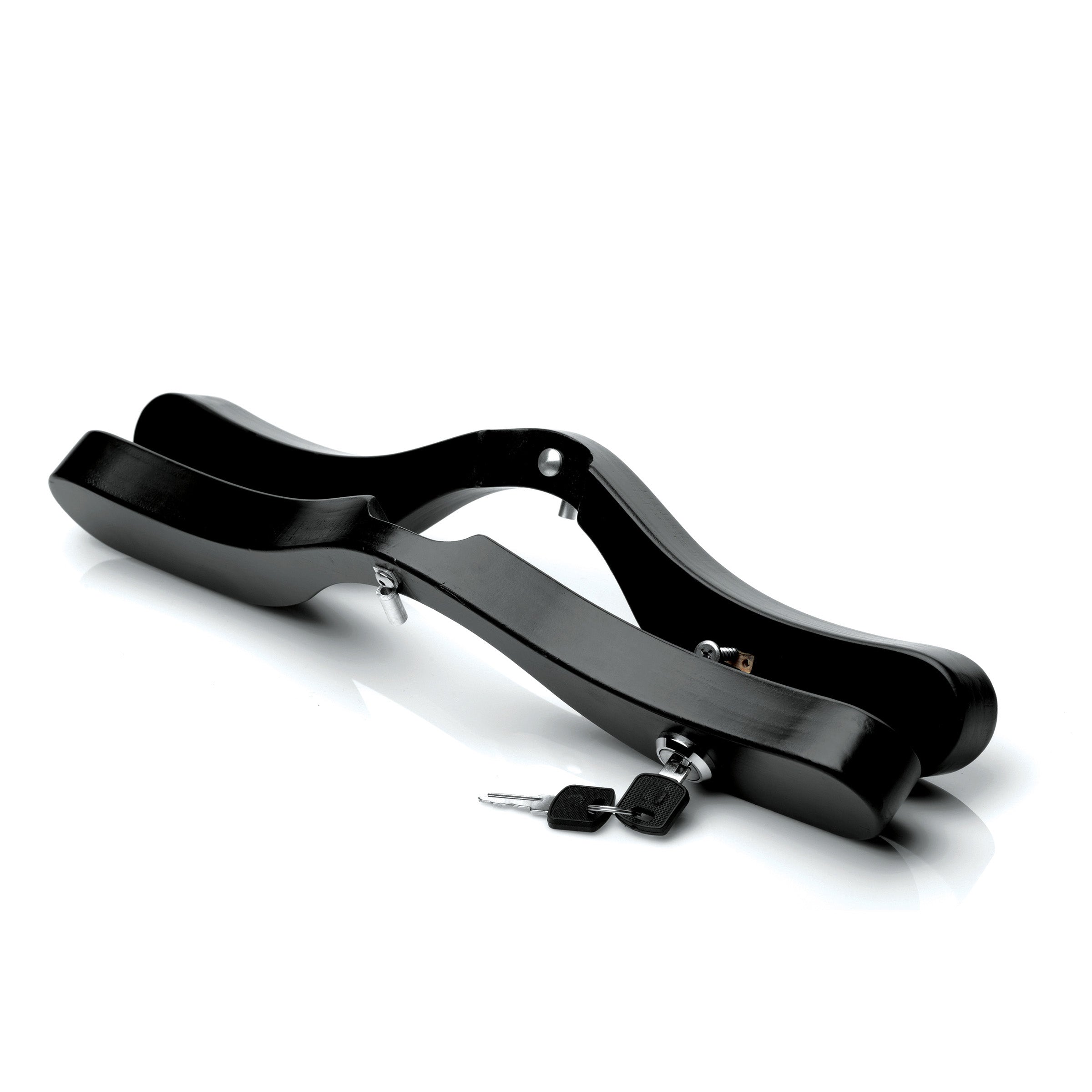 Isabella Sinclaire E-Stim Locking Humbler, a sophisticated BDSM device made of wood and metal, designed for male submission with electrostimulation features.