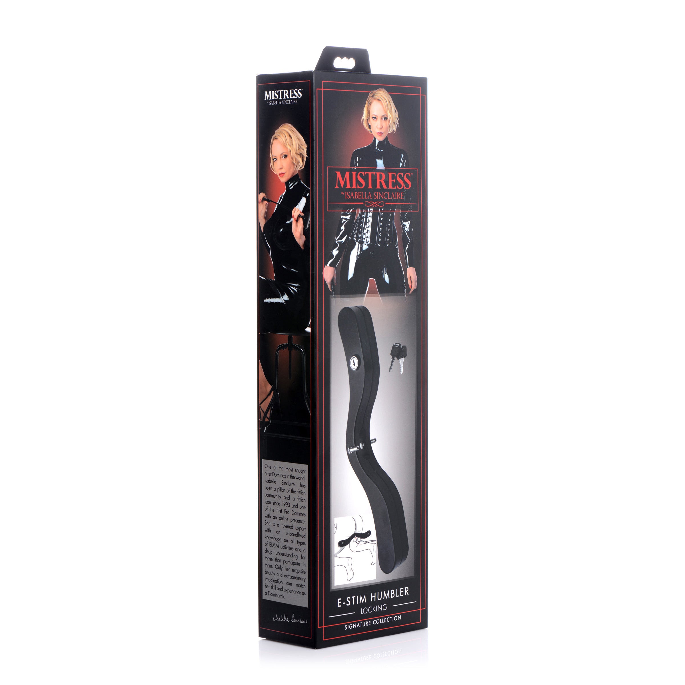 Isabella Sinclaire E-Stim Locking Humbler, a sophisticated BDSM device made of wood and metal, designed for male submission with electrostimulation features.