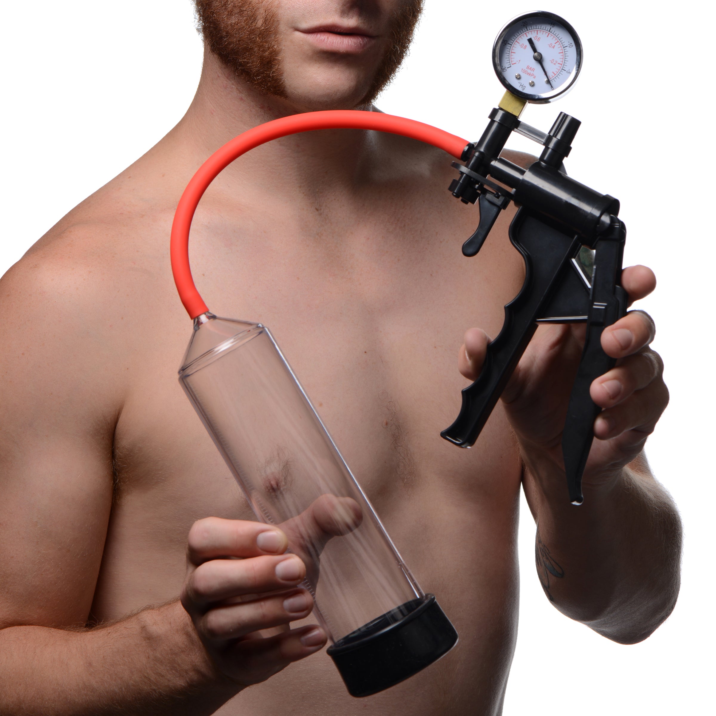 Jack Mate Penis Pump with ergonomic hand pump, pressure gauge, and red silicone hose connected to a 9-inch cylinder.