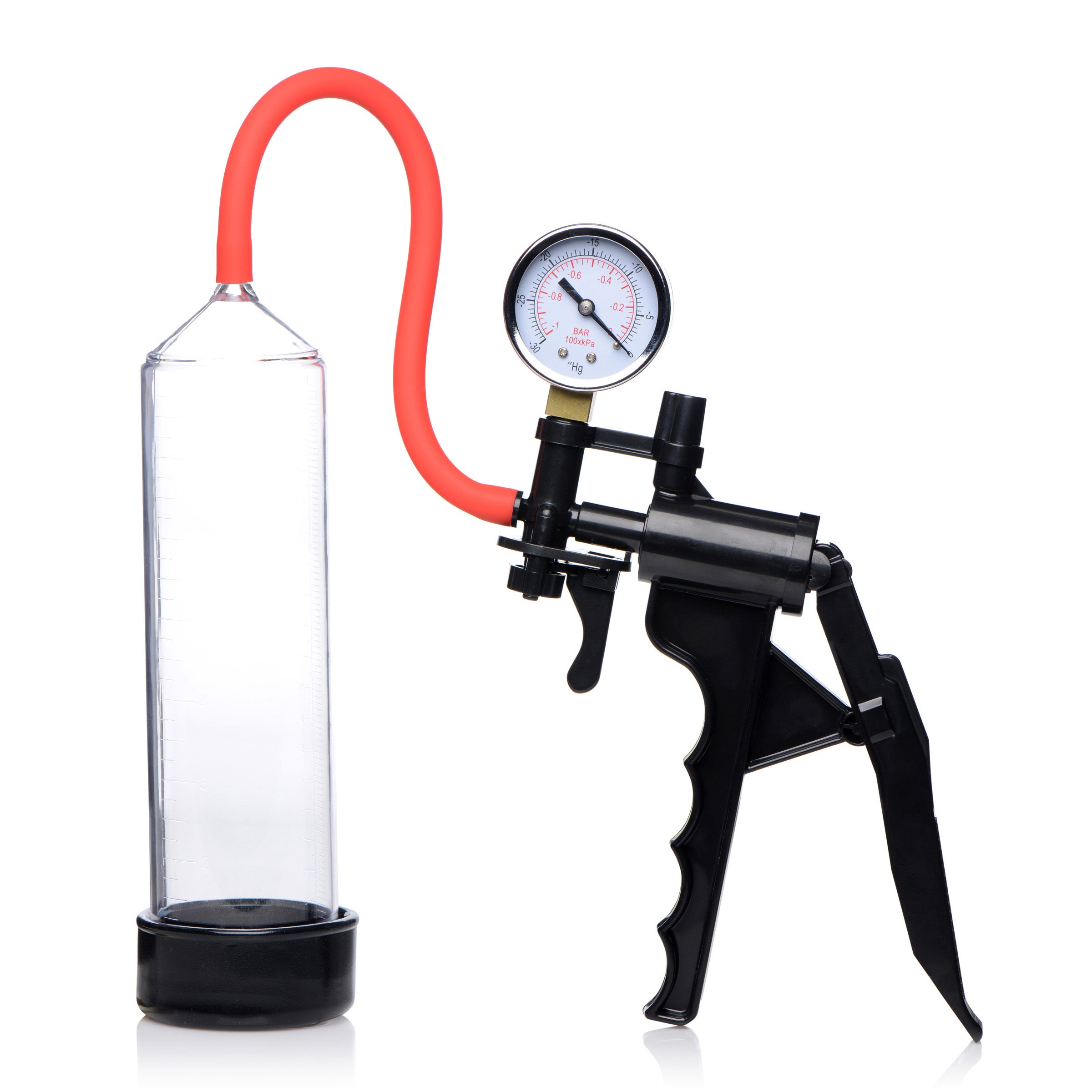 Jack Mate Penis Pump with ergonomic hand pump, pressure gauge, and red silicone hose connected to a 9-inch cylinder.