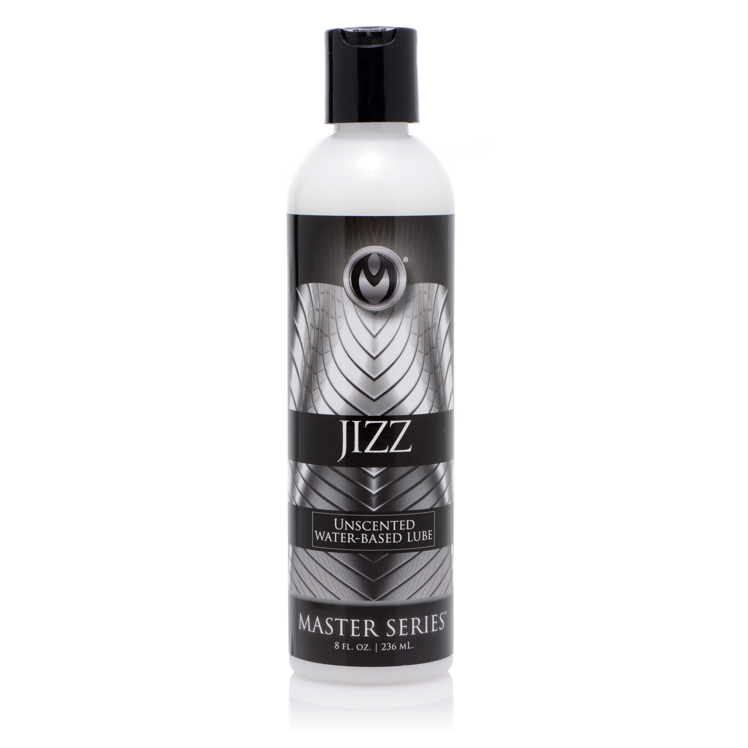 Jizz Unscented Water-based Lube 8oz bottle with a sleek design, showcasing its white color and realistic texture.