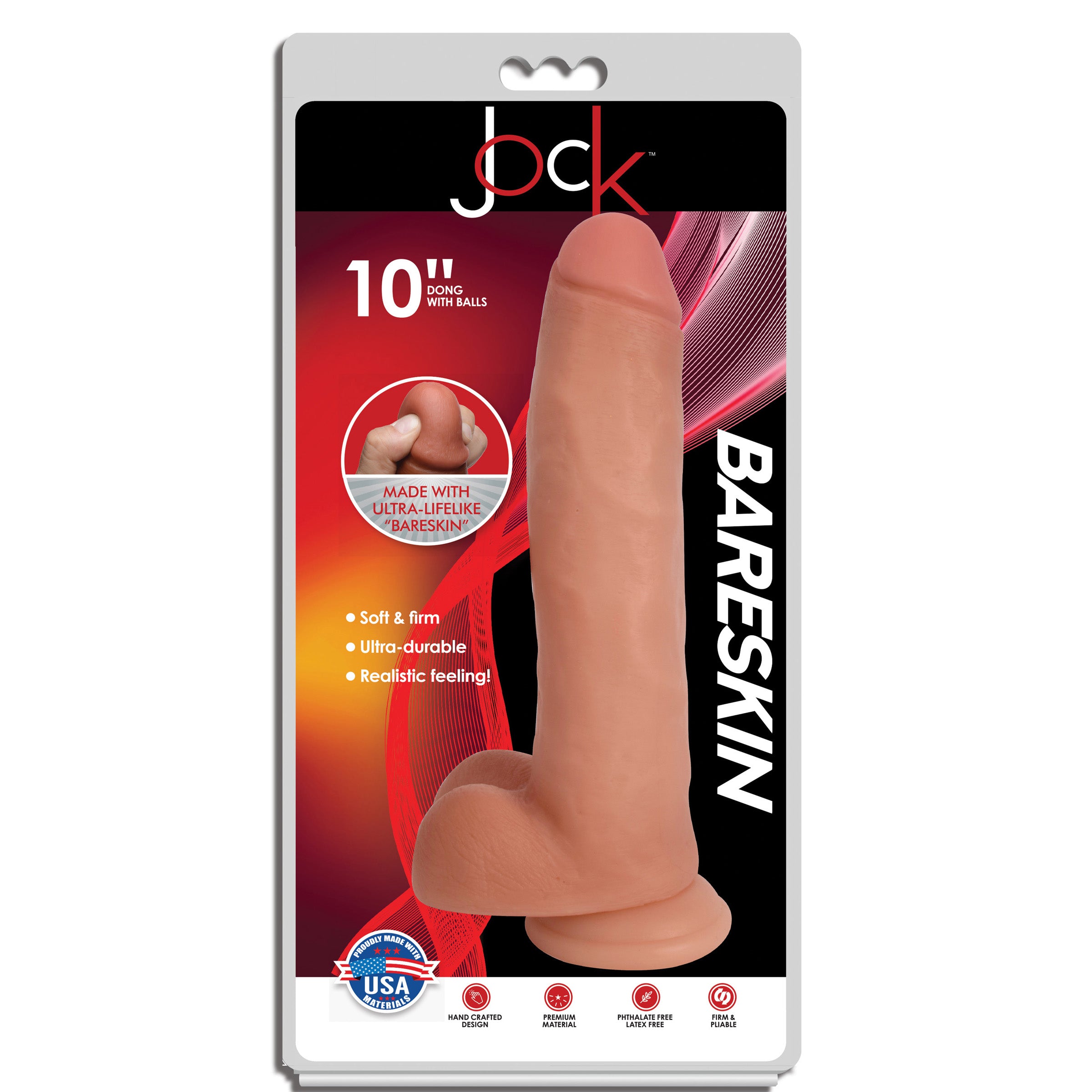 Jock Bareskin Dildo with Balls - 10 inch lifelike dildo featuring a defined head, firm shaft, and strong suction cup base.