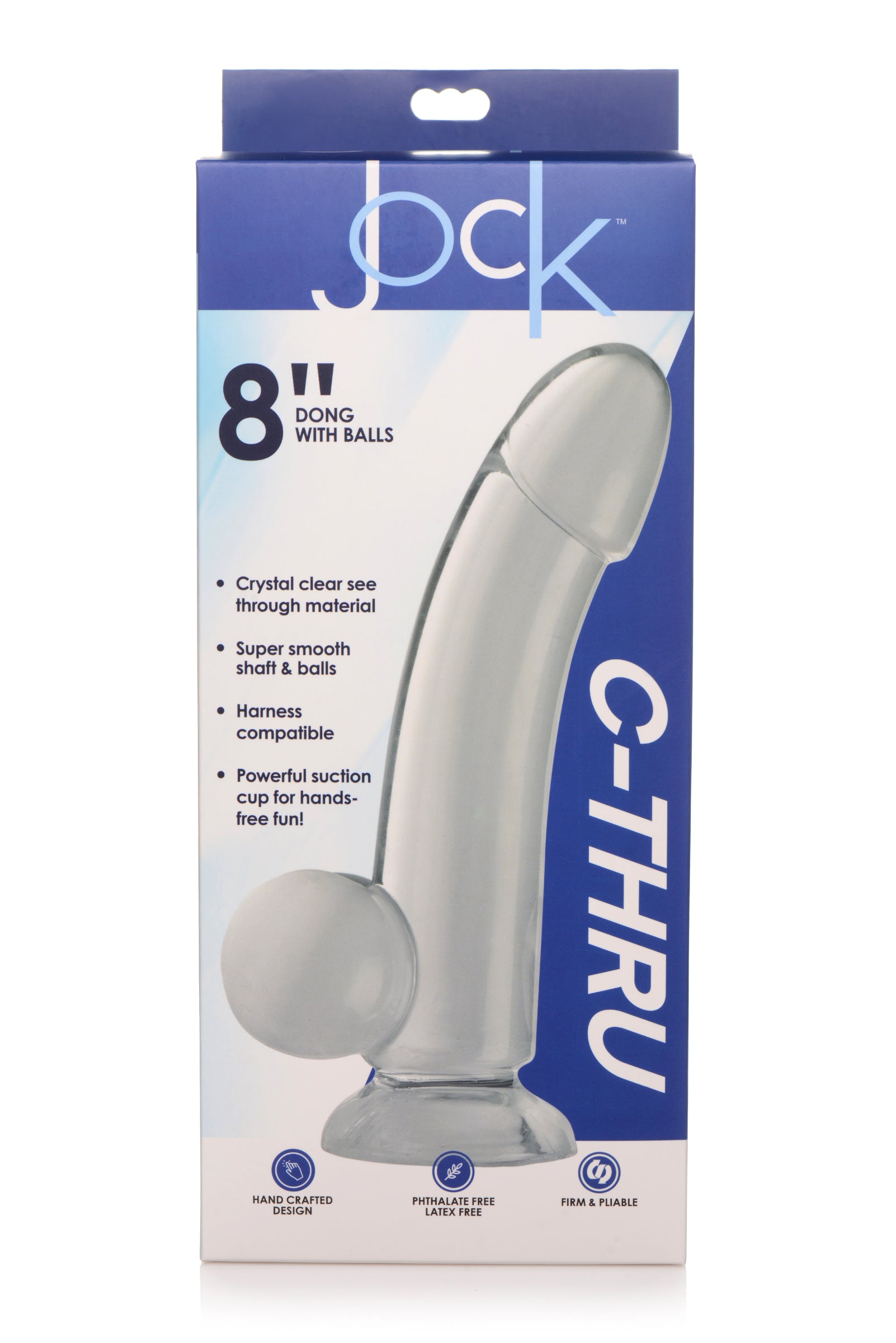 JOCK C-THRU 8" Clear TPE Dildo with Balls, showcasing its crystal clear design and realistic details.