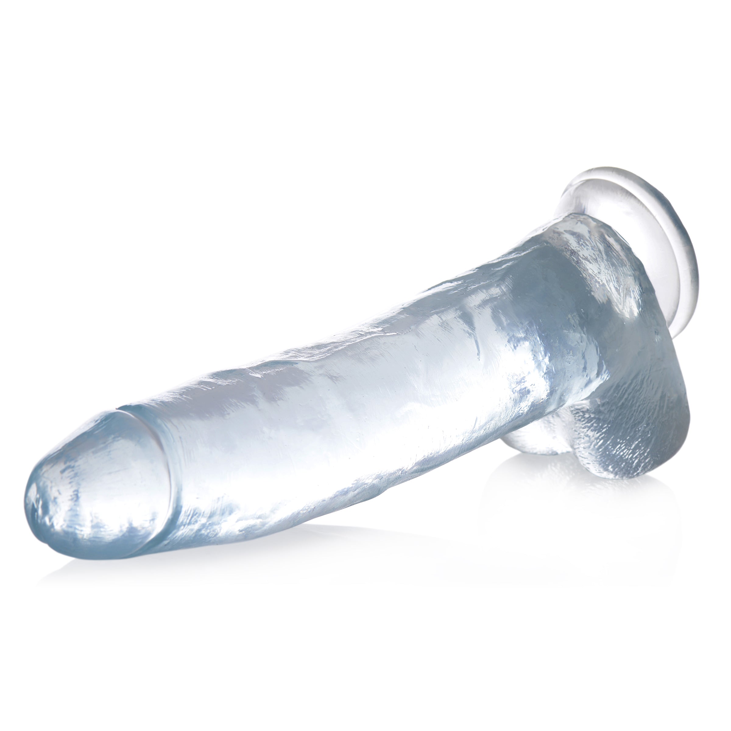 Jock C-Thru Dildo - 11 Inch, clear and thick with lifelike details and a strong suction cup base.