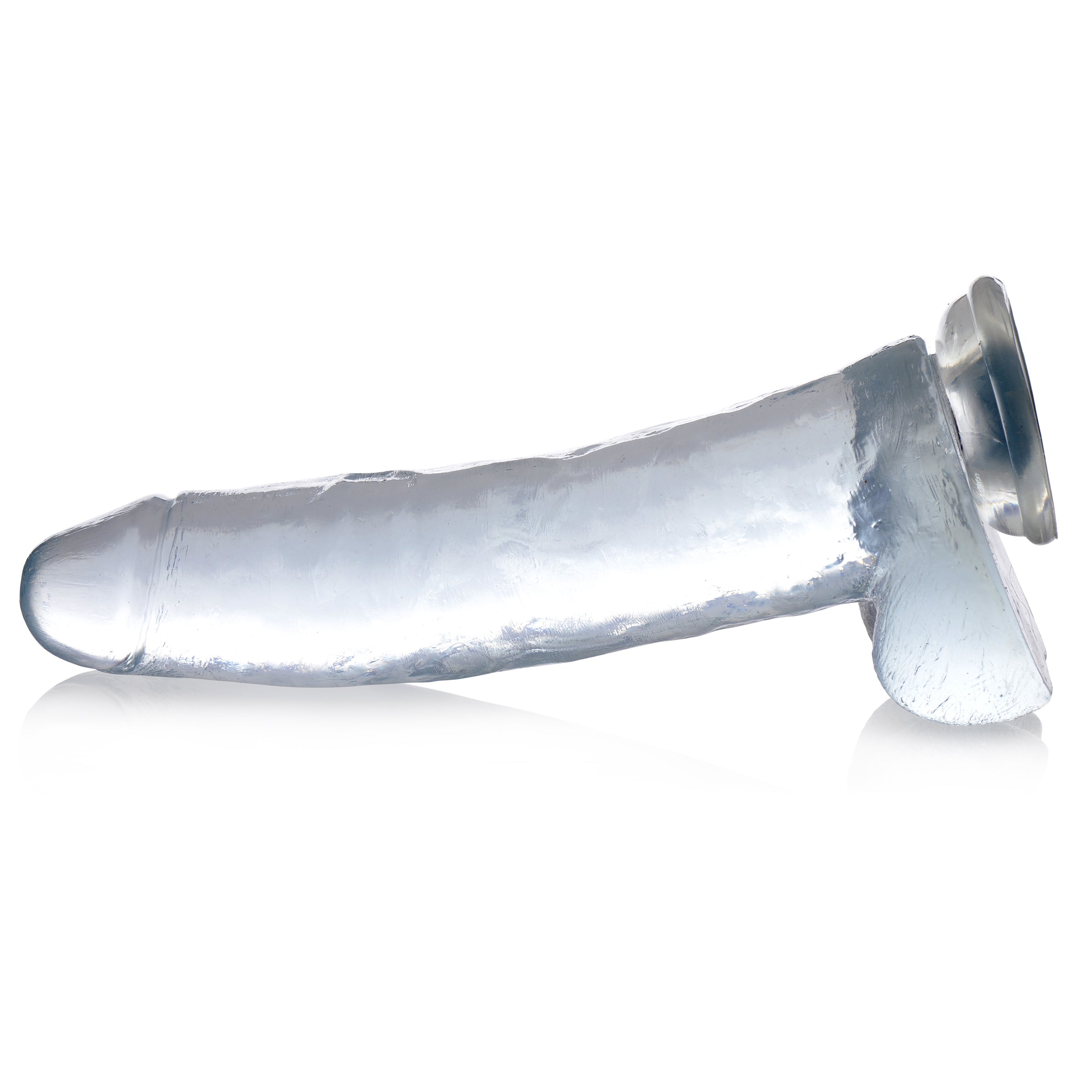 Jock C-Thru Dildo - 11 Inch, clear and thick with lifelike details and a strong suction cup base.