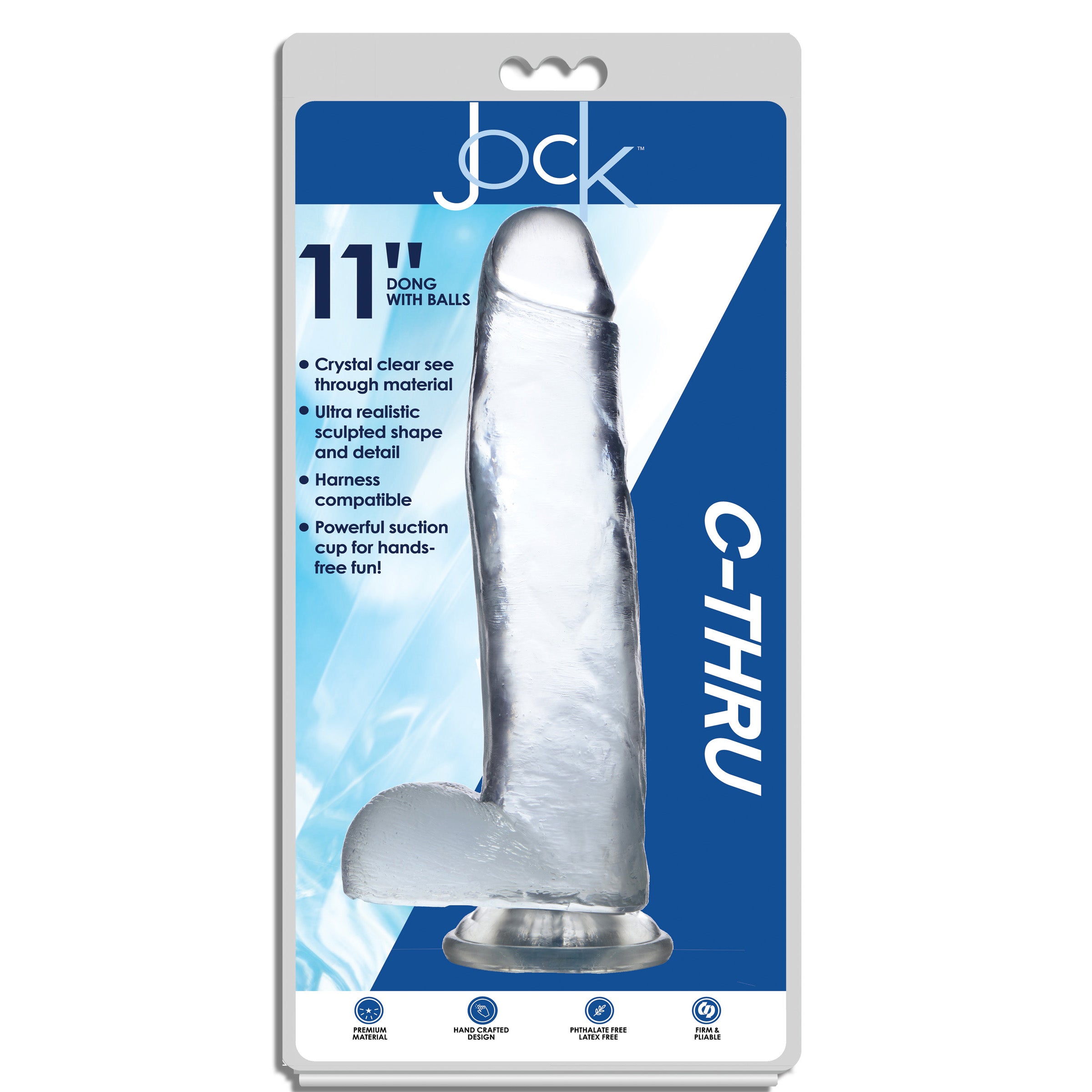 Jock C-Thru Dildo - 11 Inch, clear and thick with lifelike details and a strong suction cup base.