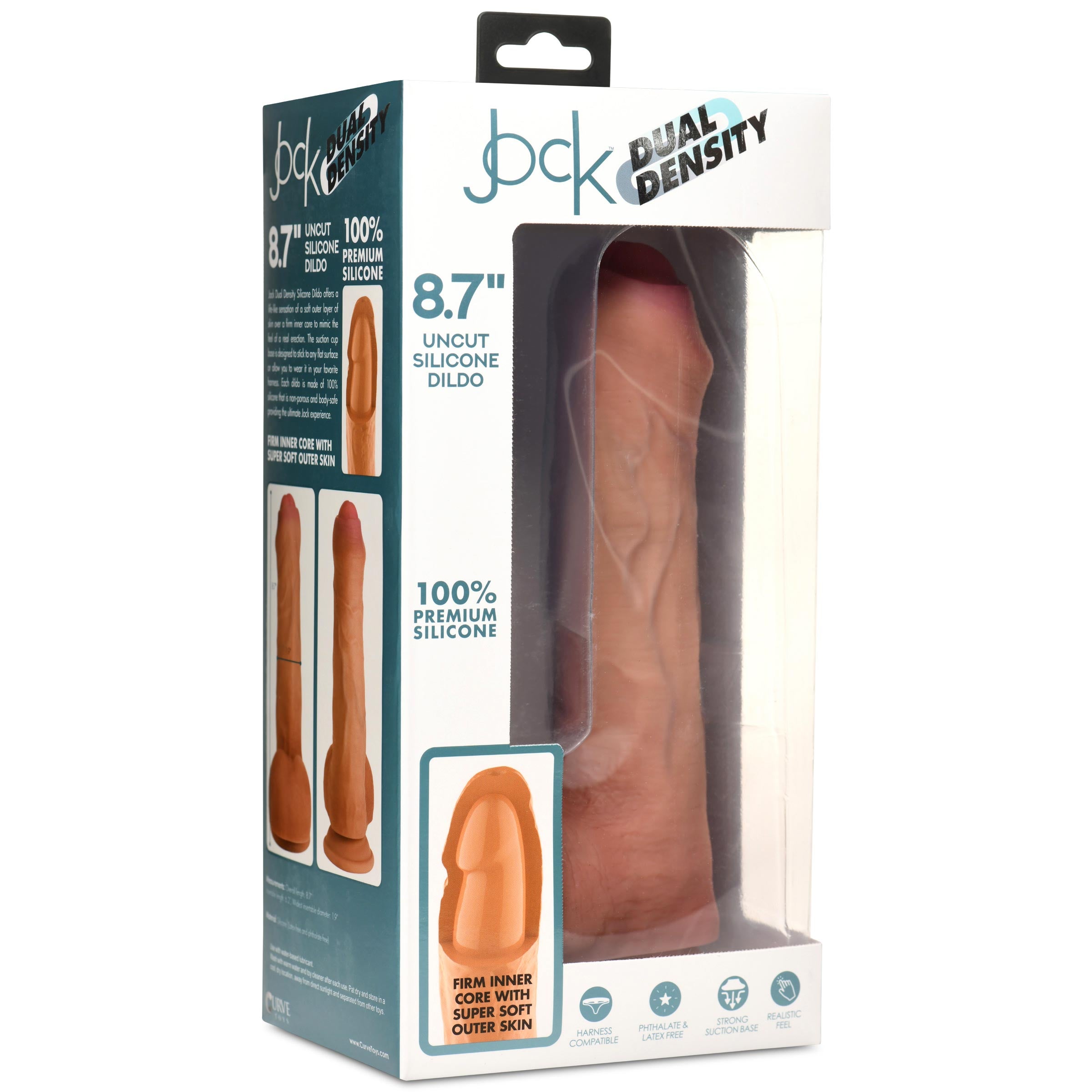 JOCK Dual Density 8.7" Uncut Silicone Dildo with realistic features, light pink head, blue veins, and large balls, designed for pleasure.