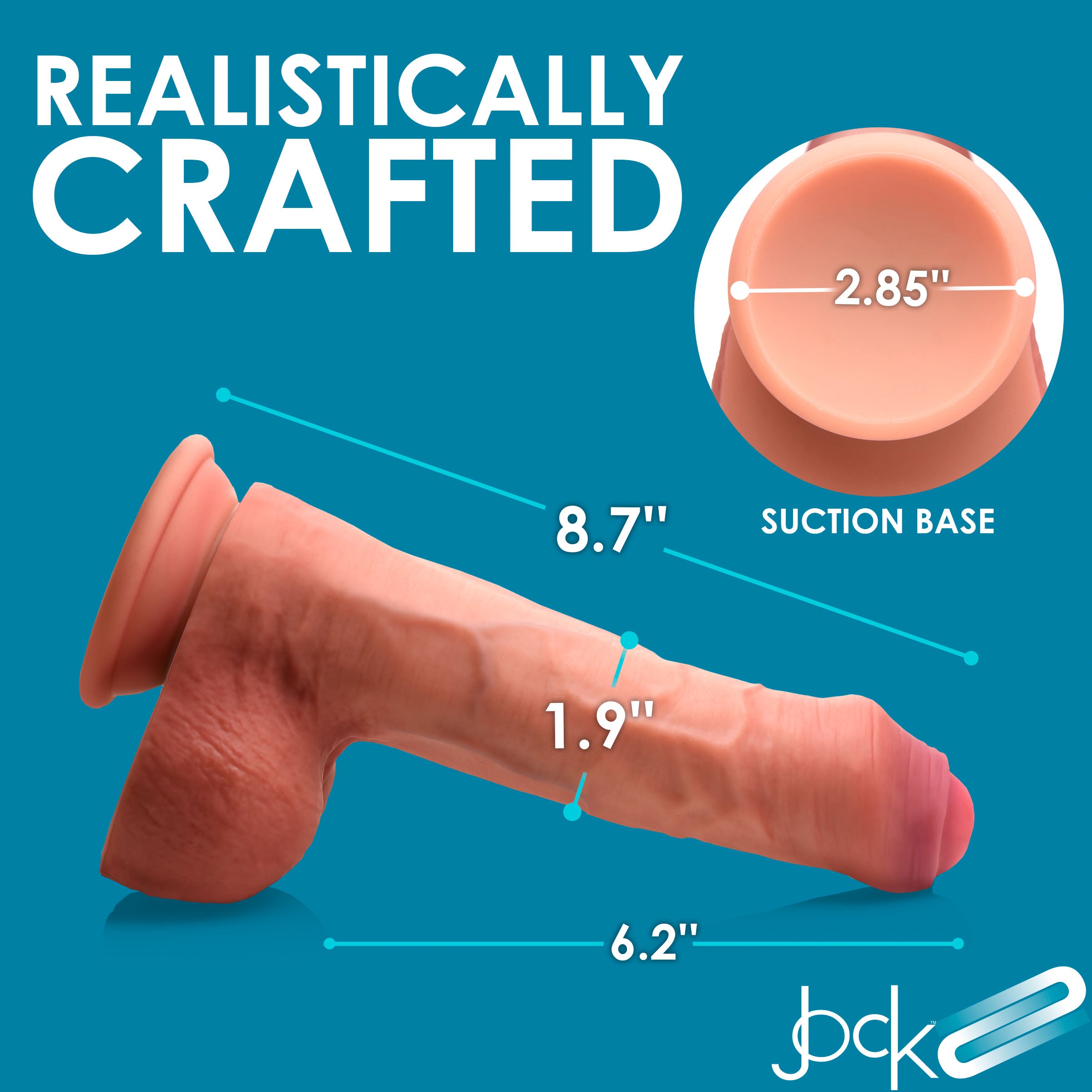 JOCK Dual Density 8.7" Uncut Silicone Dildo with realistic features, light pink head, blue veins, and large balls, designed for pleasure.