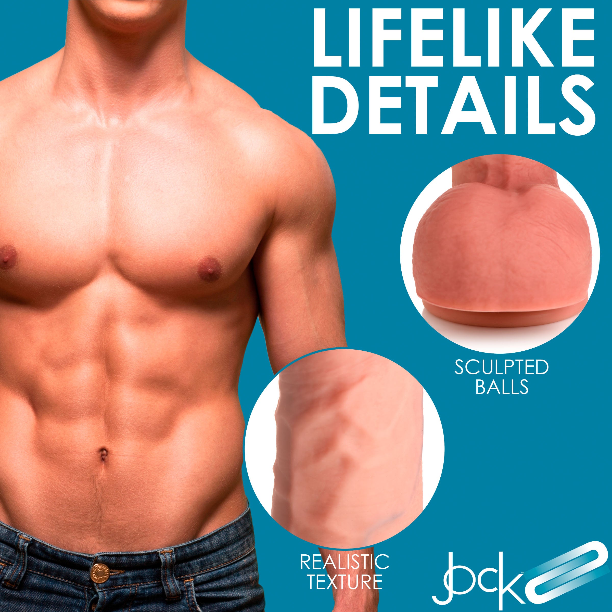 JOCK Dual Density 8.7" Uncut Silicone Dildo with realistic features, light pink head, blue veins, and large balls, designed for pleasure.