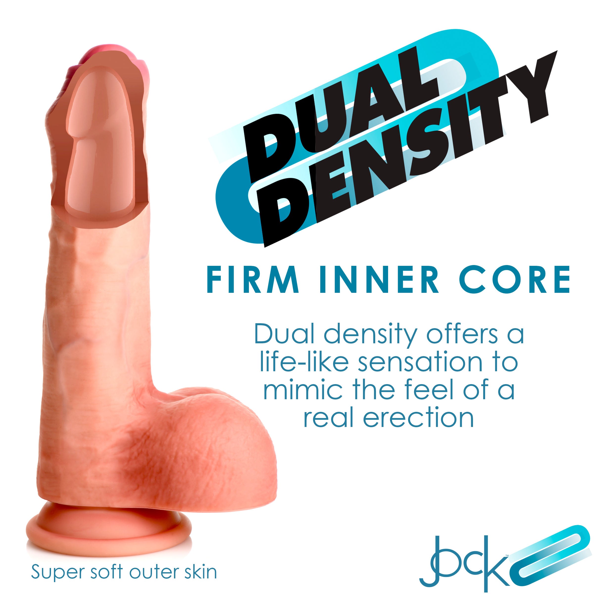 JOCK Dual Density 8.7" Uncut Silicone Dildo with realistic features, light pink head, blue veins, and large balls, designed for pleasure.