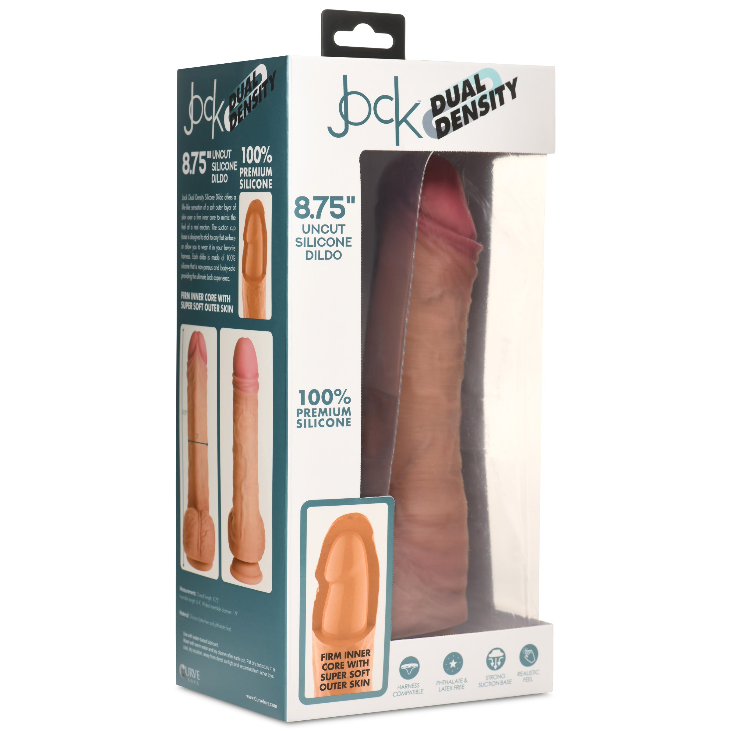 JOCK Dual Density 8.75" Uncut Silicone Dildo with realistic features, including light blue veins and wrinkled balls, designed for pleasure.