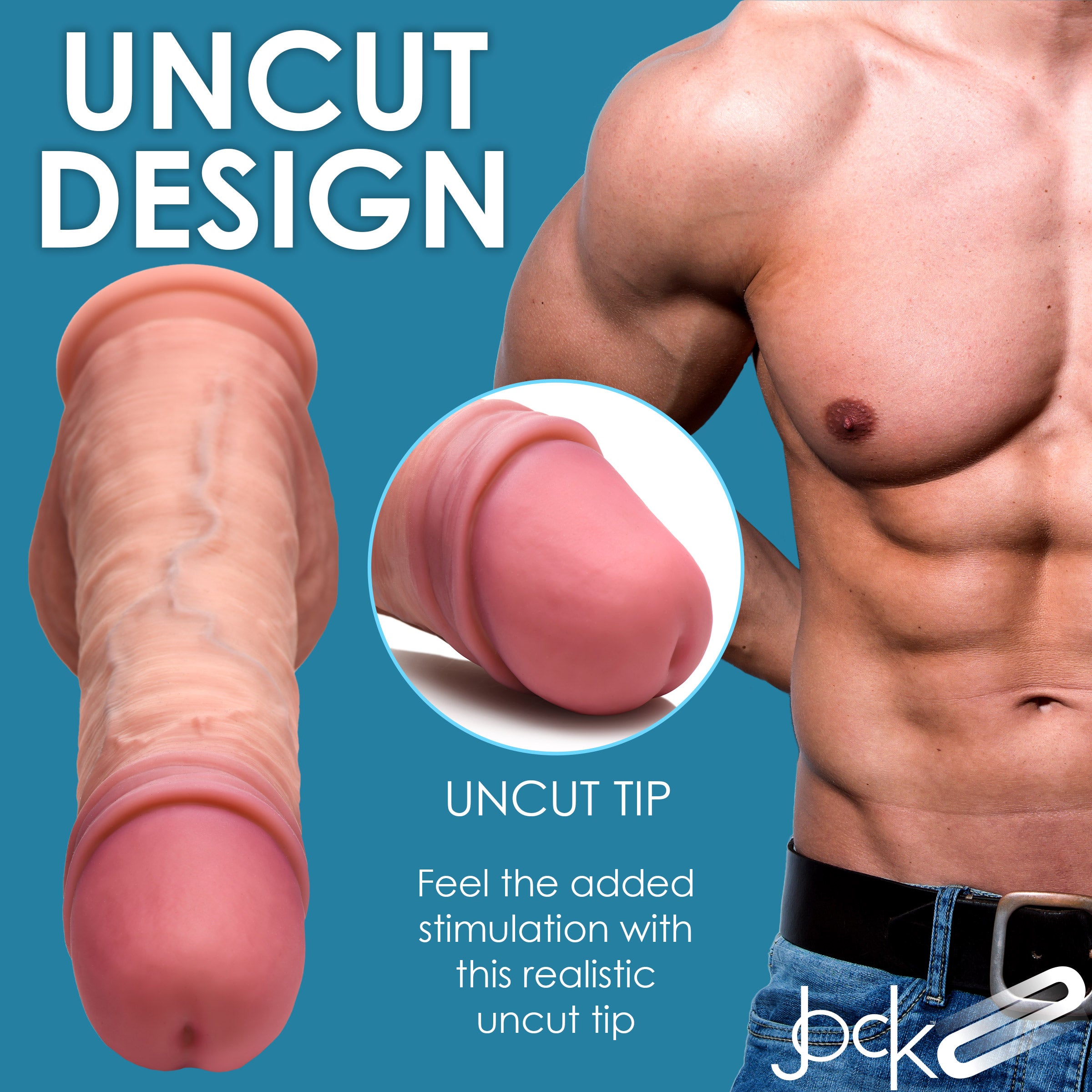 JOCK Dual Density 8.75" Uncut Silicone Dildo with realistic features, including light blue veins and wrinkled balls, designed for pleasure.