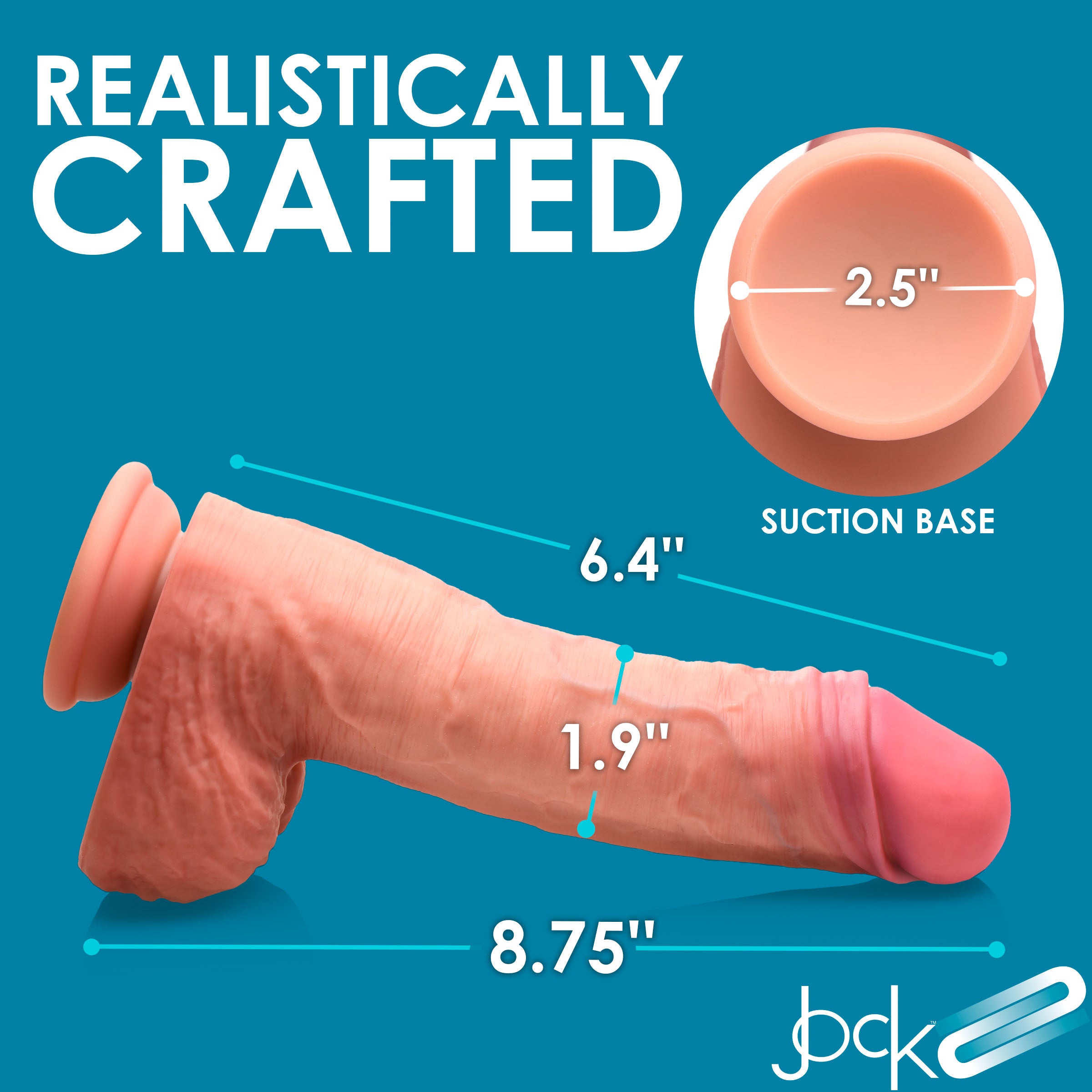 JOCK Dual Density 8.75" Uncut Silicone Dildo with realistic features, including light blue veins and wrinkled balls, designed for pleasure.