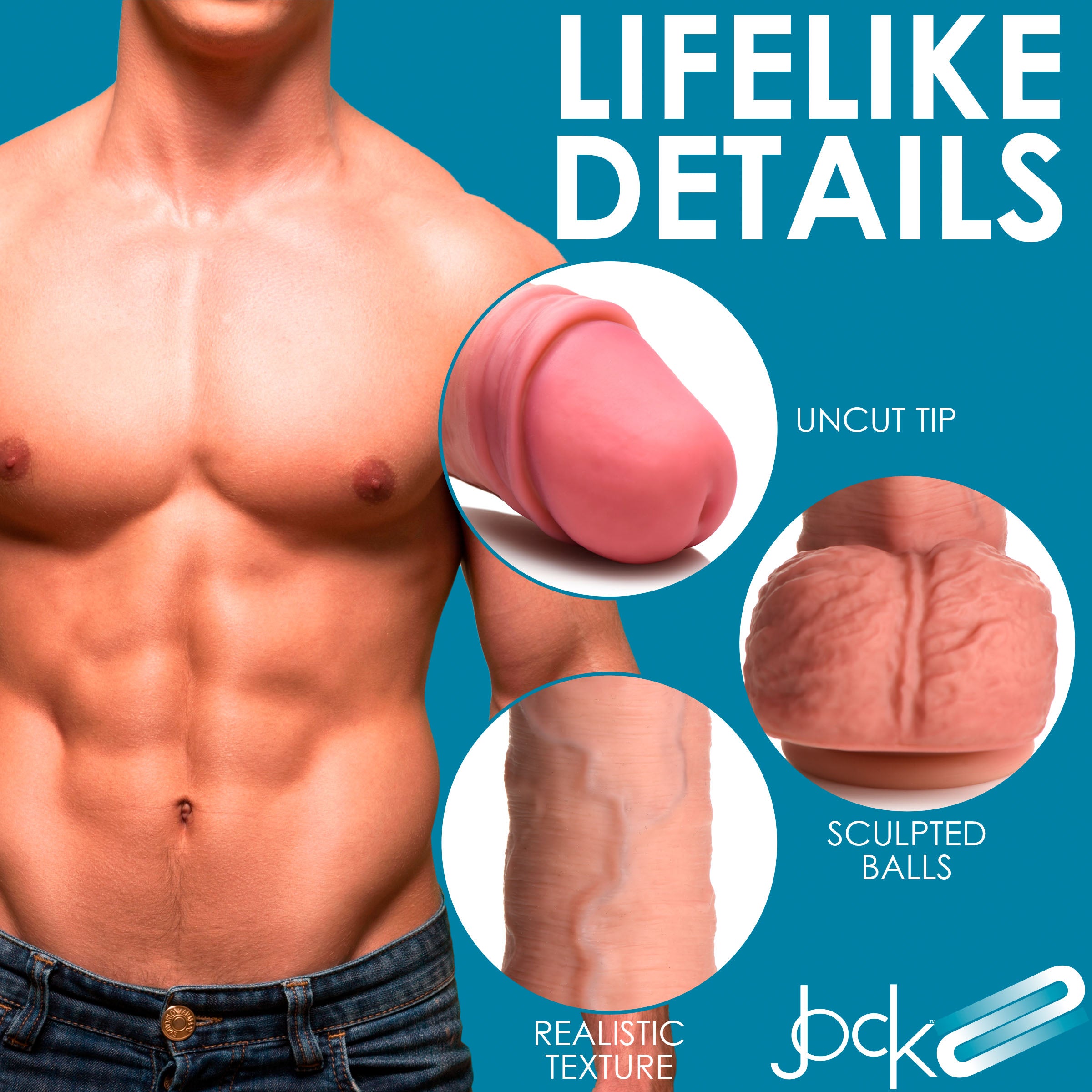 JOCK Dual Density 8.75" Uncut Silicone Dildo with realistic features, including light blue veins and wrinkled balls, designed for pleasure.