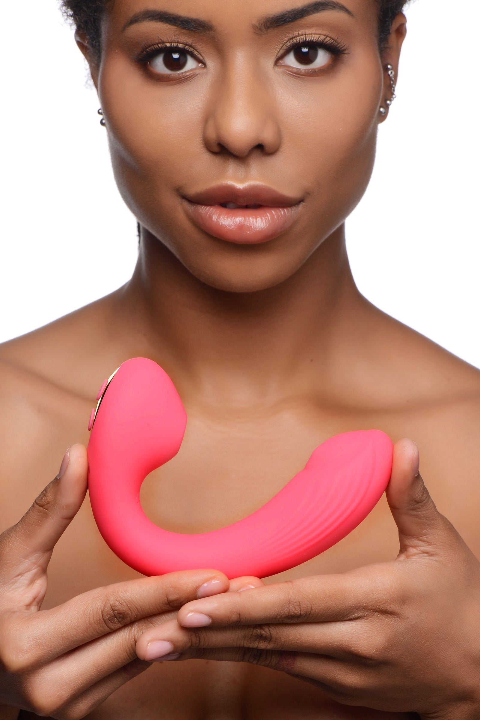 Joy-Pulse 7X Pulsing Silicone Air-Stim Vibe in pink, showcasing its flexible shaft and dual stimulation features.