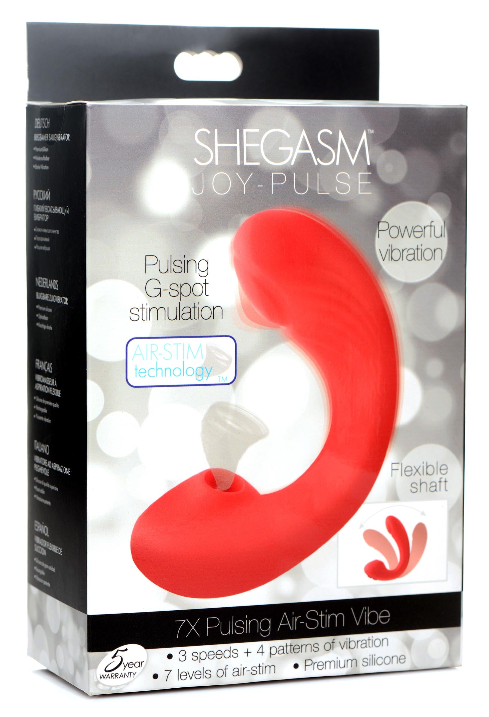 Joy-Pulse 7X Pulsing Silicone Air-Stim Vibe in pink, showcasing its flexible shaft and dual stimulation features.