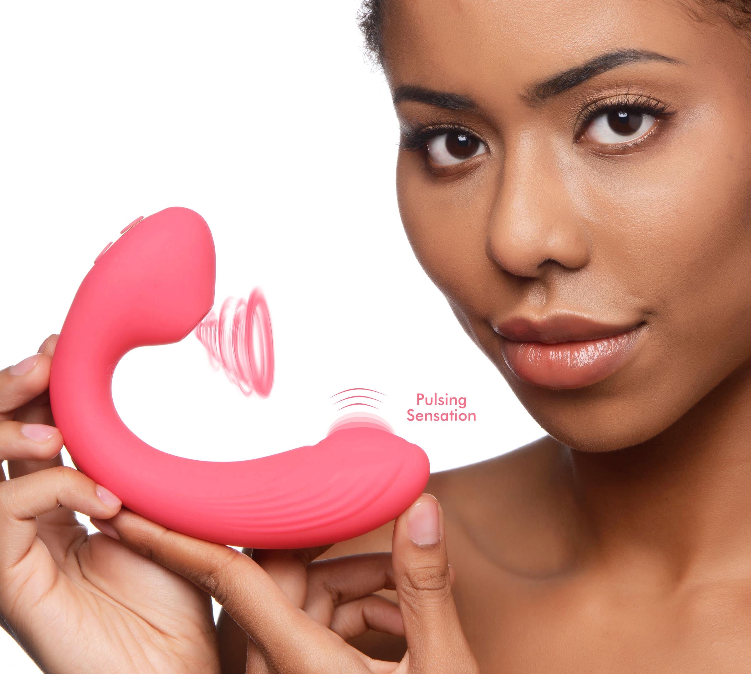 Joy-Pulse 7X Pulsing Silicone Air-Stim Vibe in pink, showcasing its flexible shaft and dual stimulation features.