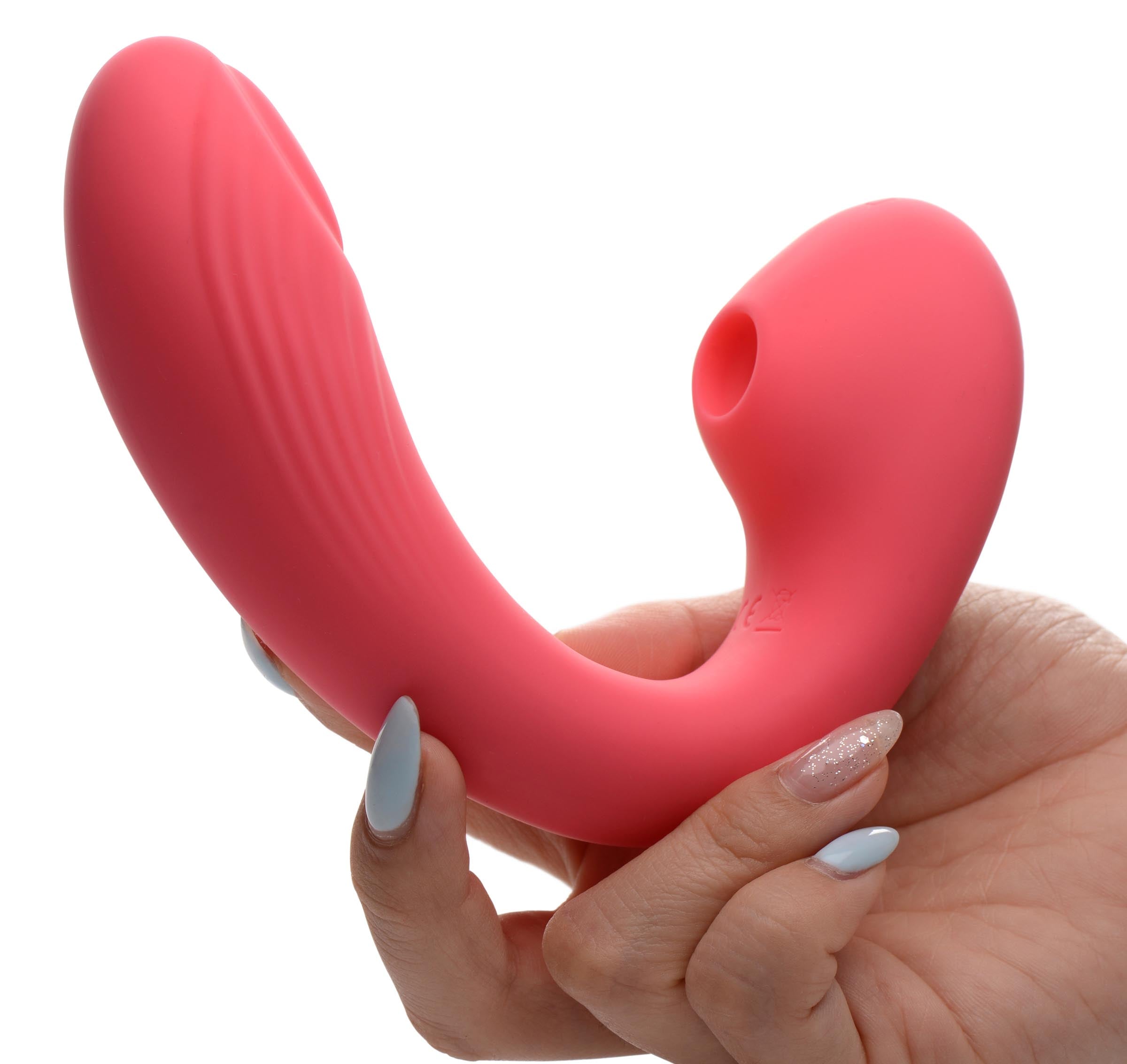 Joy-Pulse 7X Pulsing Silicone Air-Stim Vibe in pink, showcasing its flexible shaft and dual stimulation features.