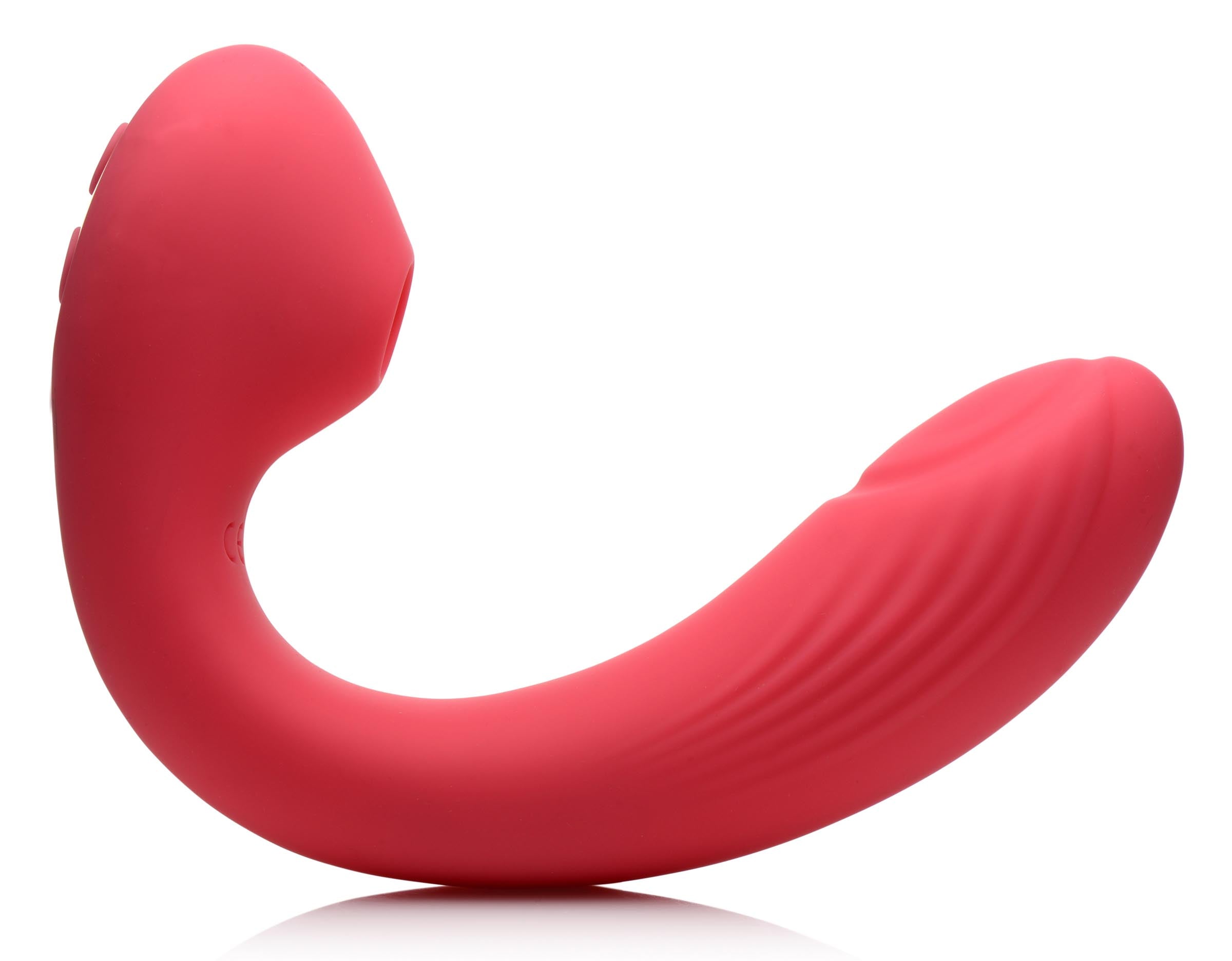 Joy-Pulse 7X Pulsing Silicone Air-Stim Vibe in pink, showcasing its flexible shaft and dual stimulation features.