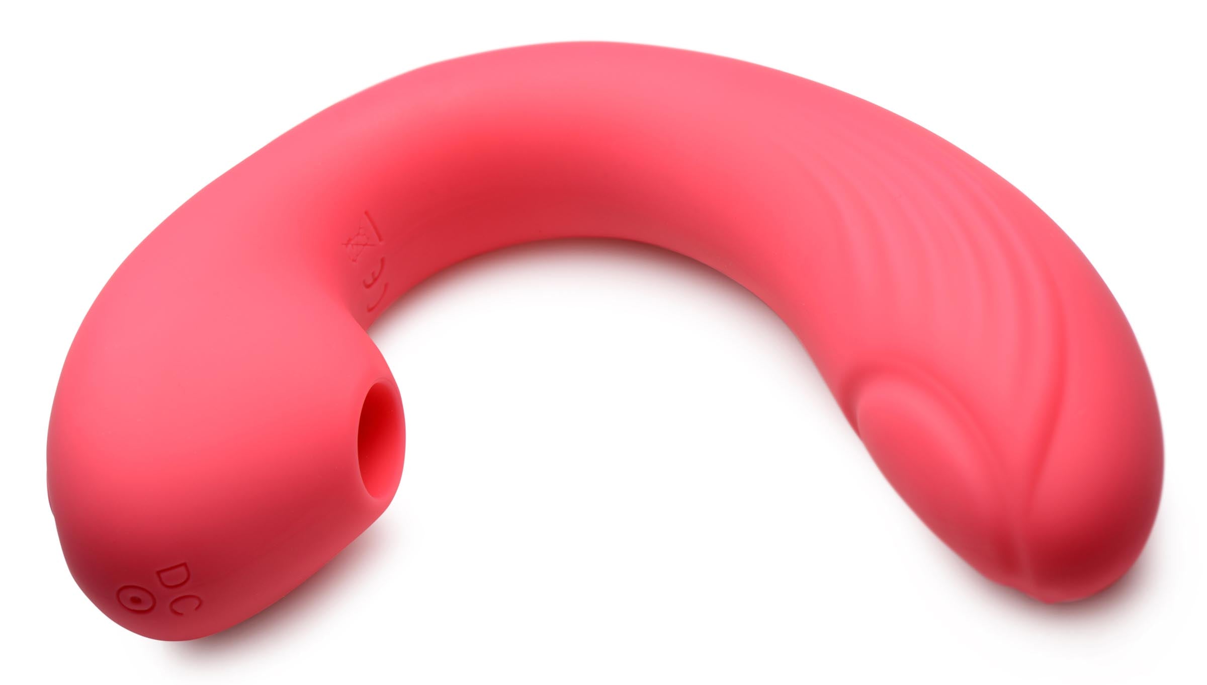 Joy-Pulse 7X Pulsing Silicone Air-Stim Vibe in pink, showcasing its flexible shaft and dual stimulation features.