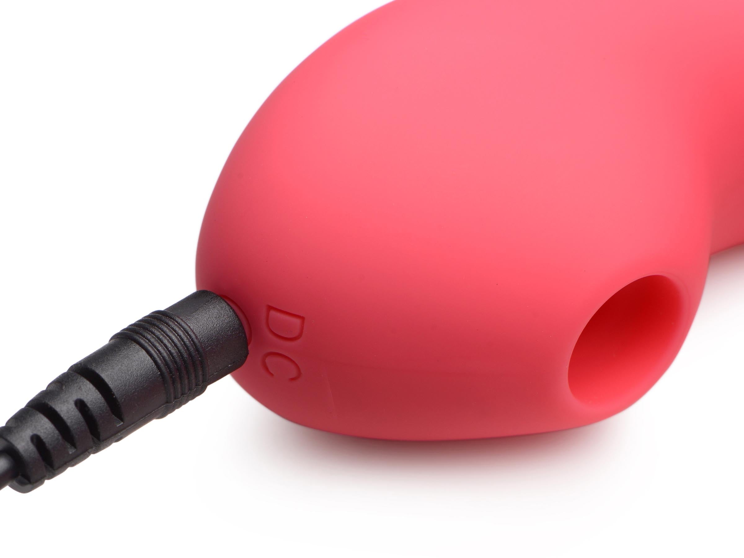 Joy-Pulse 7X Pulsing Silicone Air-Stim Vibe in pink, showcasing its flexible shaft and dual stimulation features.