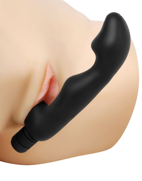 Karma Vibrating Strapless Silicone Strap On Dildo in black, showcasing its bulbous tip and sleek design.