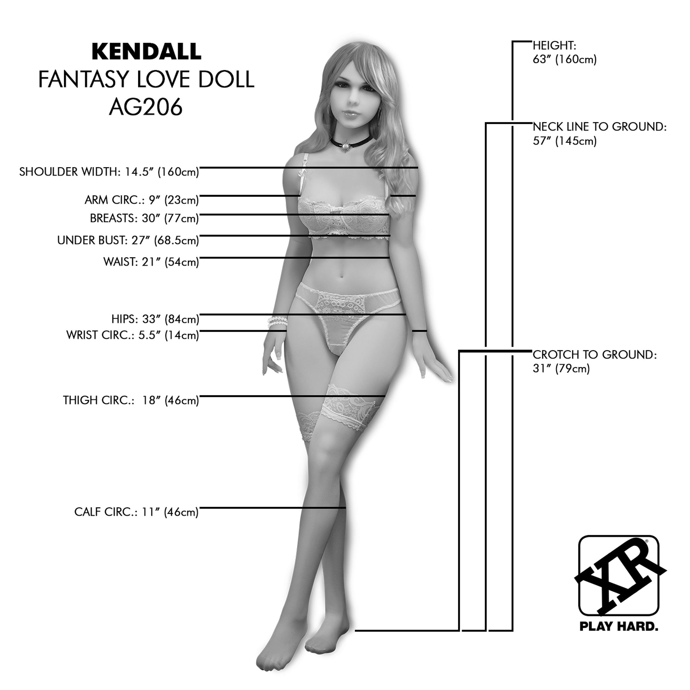 Kendall Fantasy Love Doll with blonde, brunette, and raven wigs, showcasing her lifelike features and accessories.