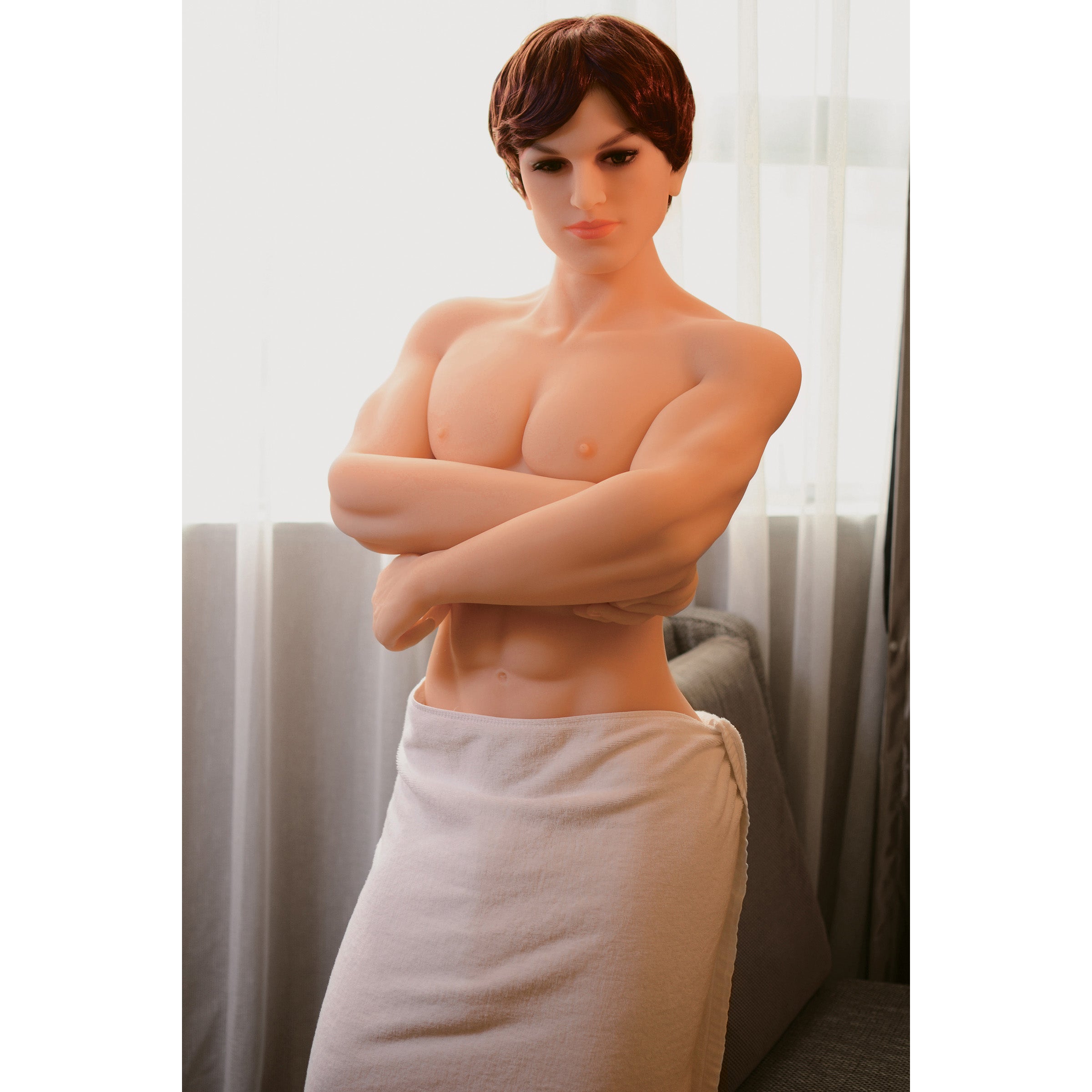 Kenny Premium Love Doll showcasing realistic features, muscular physique, and three wigs for customizable play.