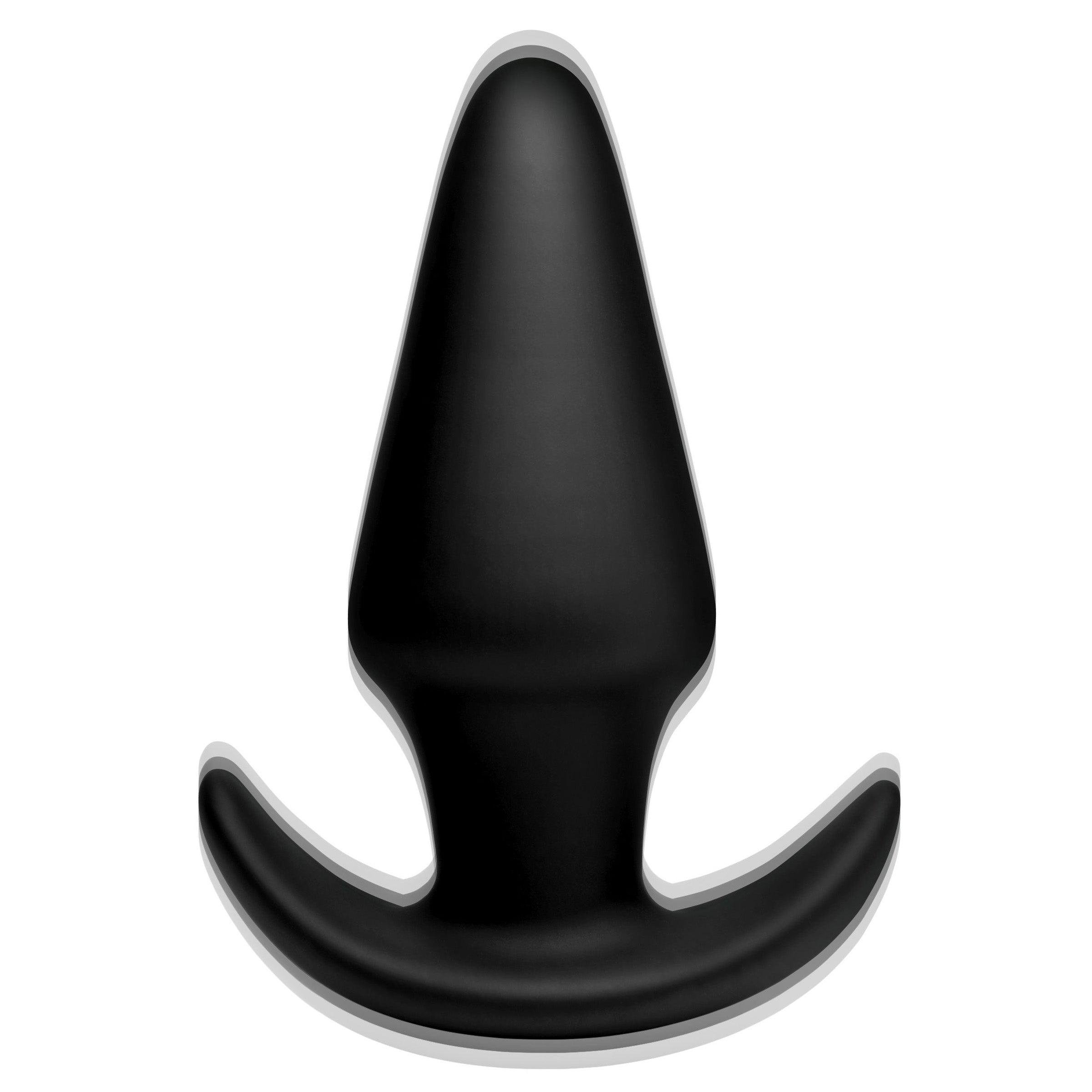 Kinetic Thumping 7X Large Anal Plug in black silicone with remote control, showcasing its tapered design and impressive girth.