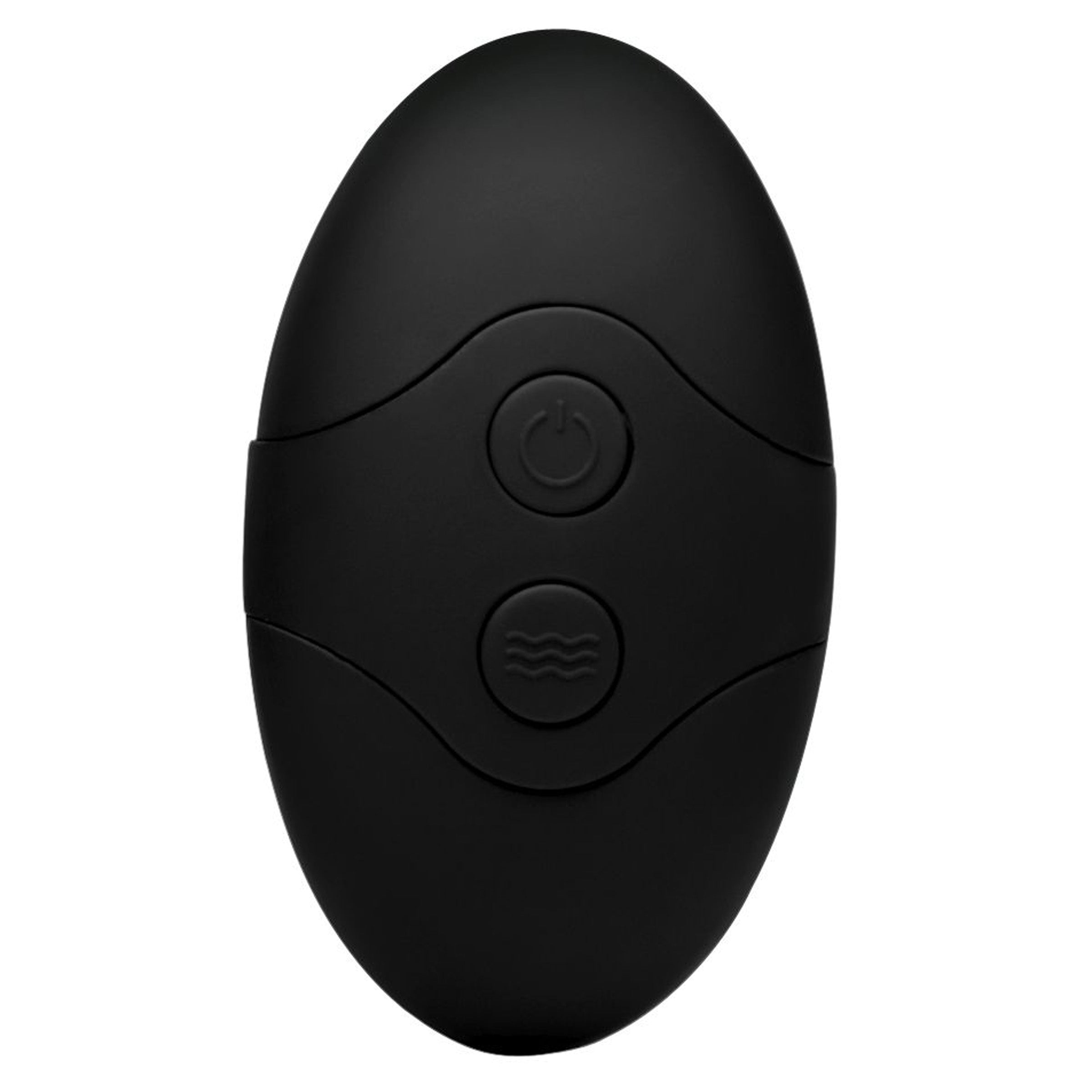 Kinetic Thumping 7X Large Anal Plug in black silicone with remote control, showcasing its tapered design and impressive girth.