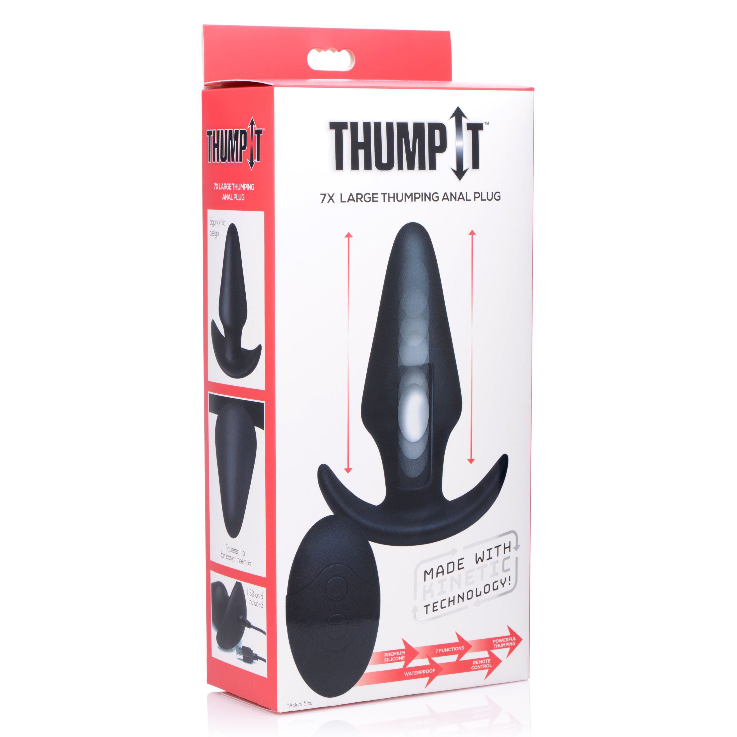 Kinetic Thumping 7X Large Anal Plug in black silicone with remote control, showcasing its tapered design and impressive girth.