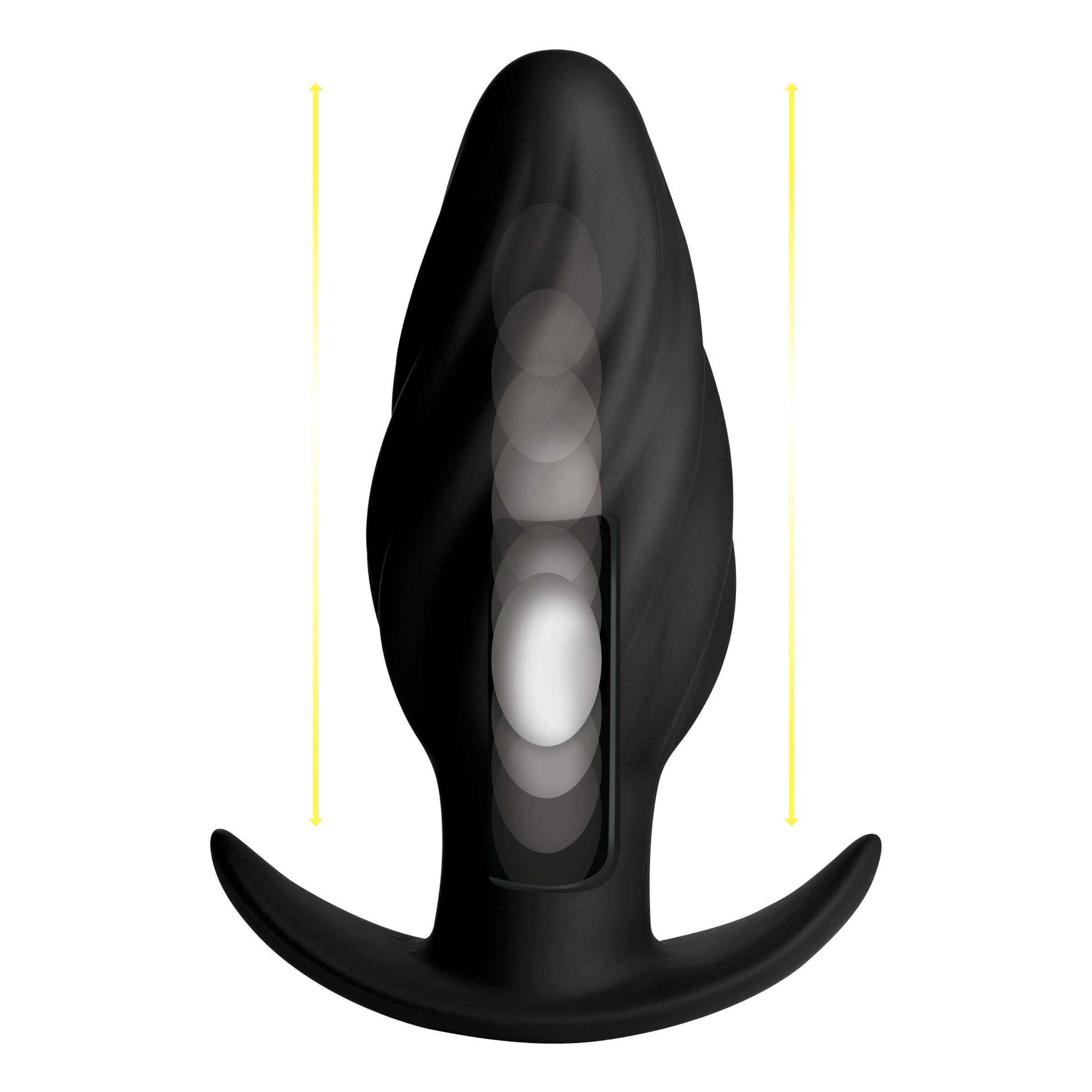 Kinetic Thumping 7X Swirled Anal Plug in black silicone with remote control, showcasing its unique swirled design and powerful thumping feature.