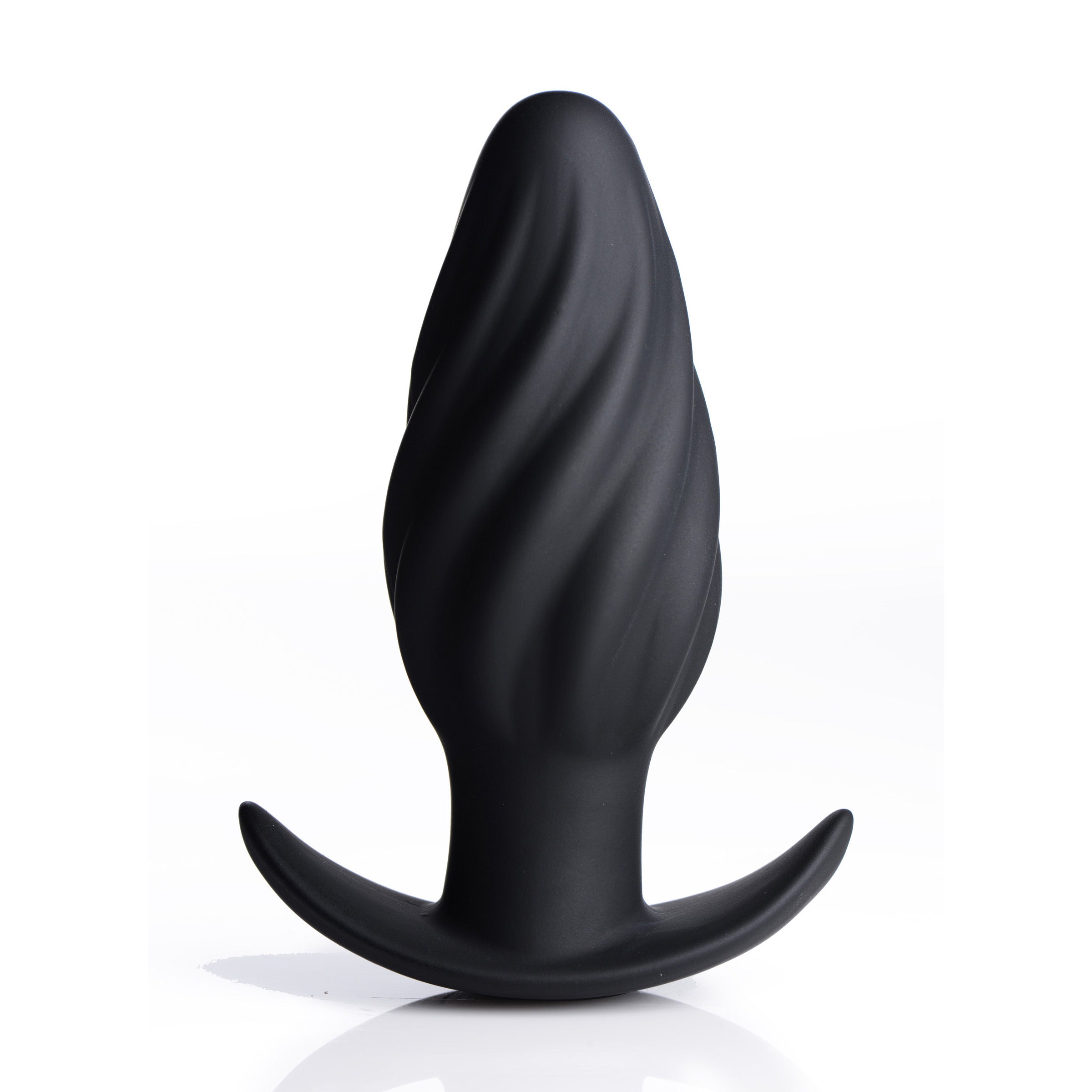 Kinetic Thumping 7X Swirled Anal Plug in black silicone with remote control, showcasing its unique swirled design and powerful thumping feature.