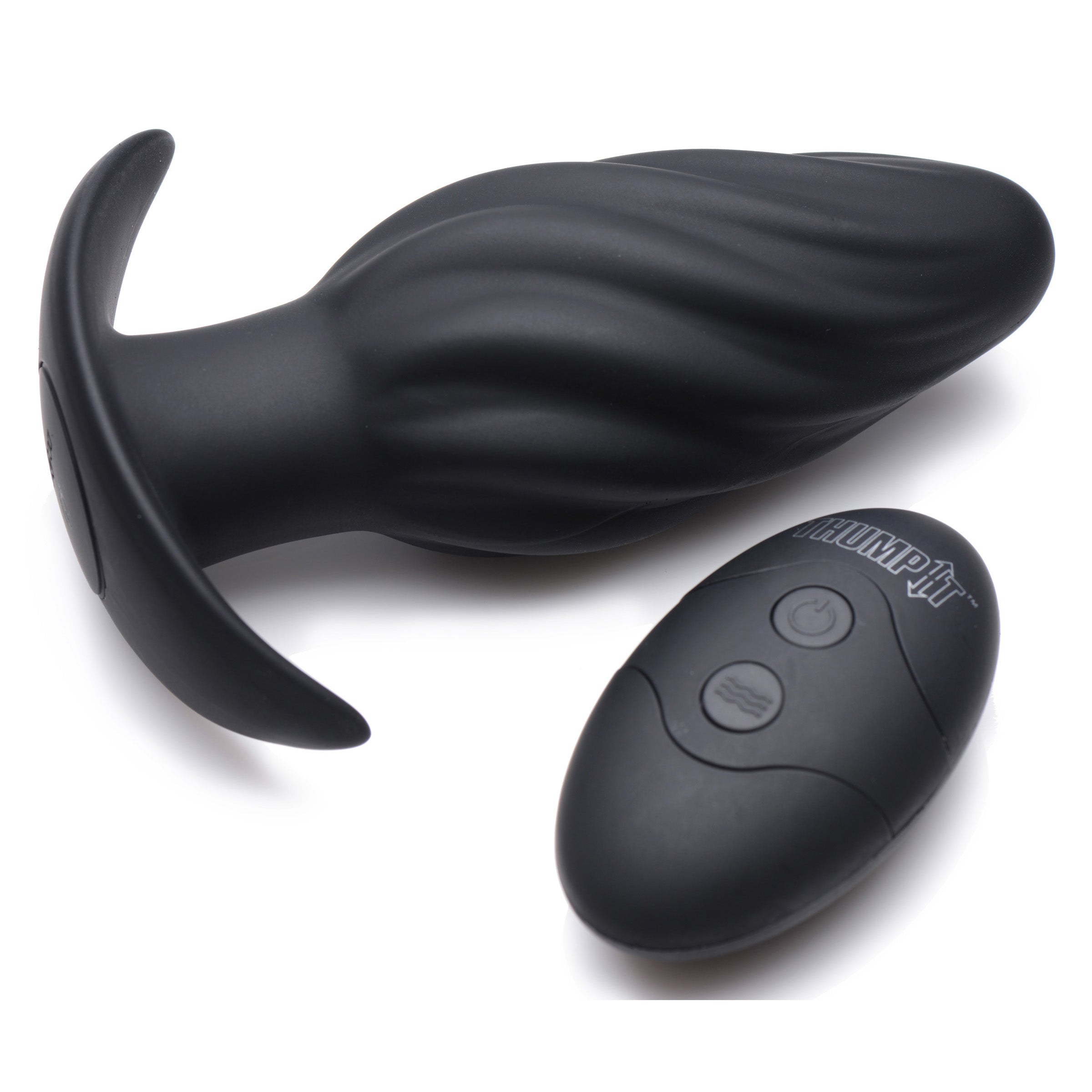 Kinetic Thumping 7X Swirled Anal Plug in black silicone with remote control, showcasing its unique swirled design and powerful thumping feature.