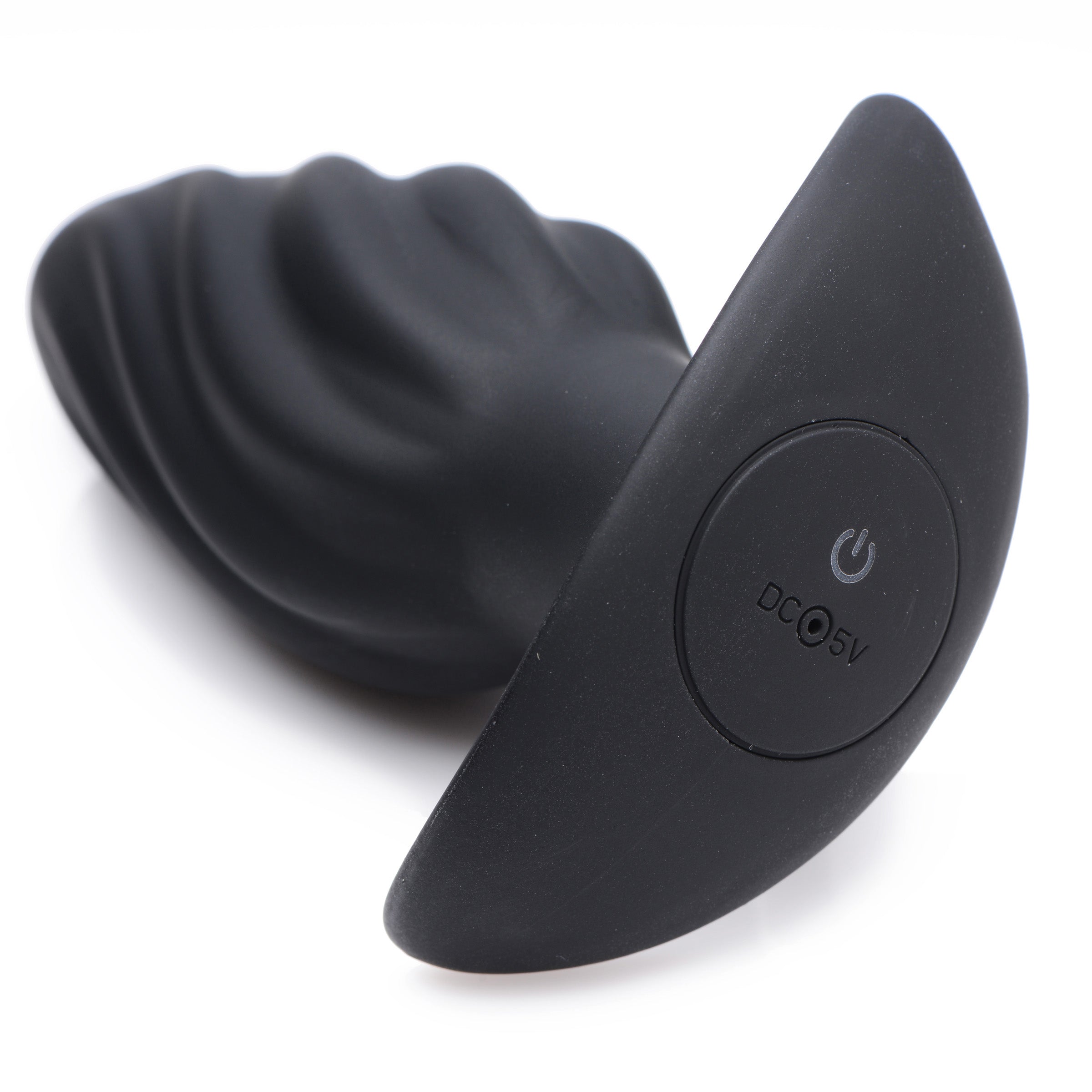 Kinetic Thumping 7X Swirled Anal Plug in black silicone with remote control, showcasing its unique swirled design and powerful thumping feature.