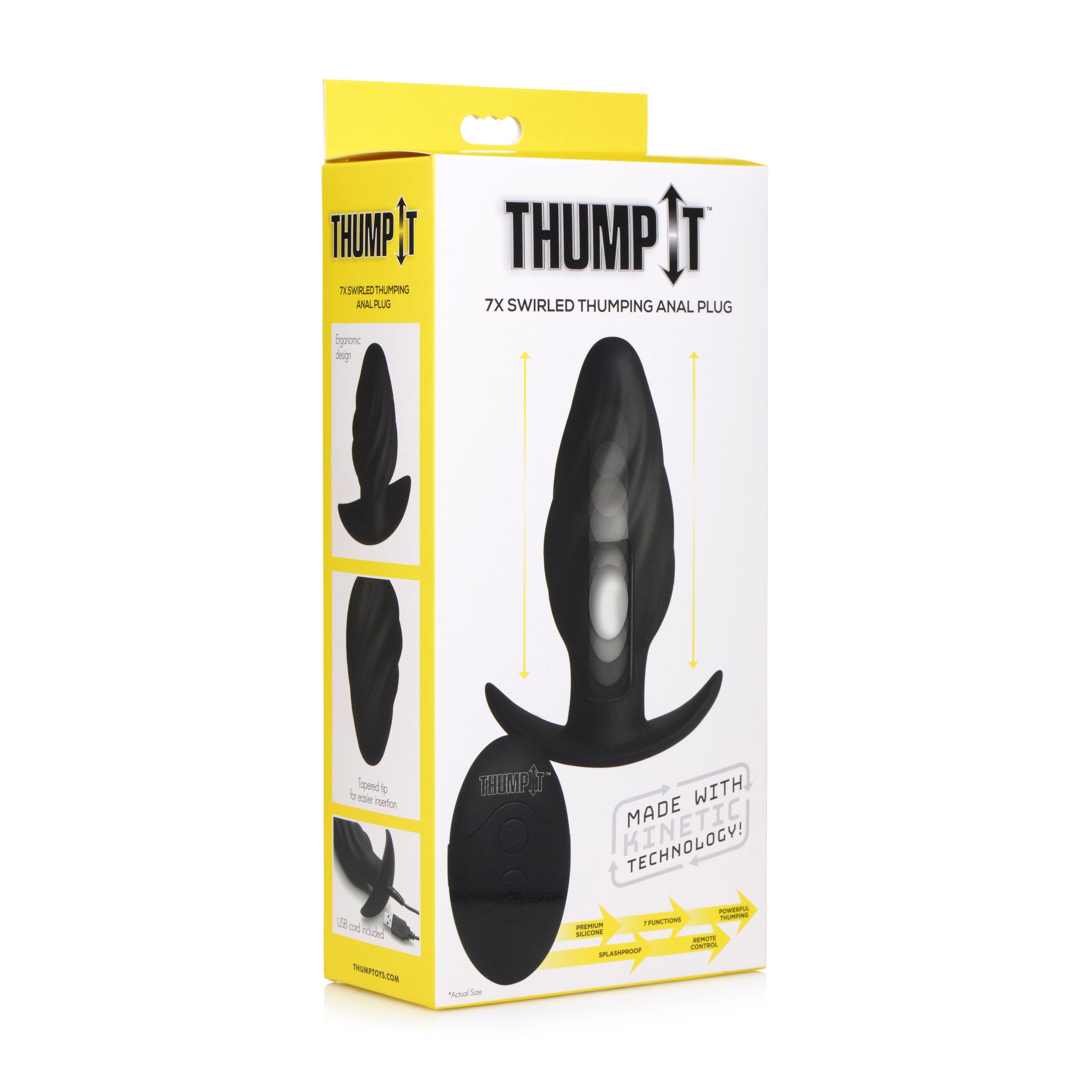 Kinetic Thumping 7X Swirled Anal Plug in black silicone with remote control, showcasing its unique swirled design and powerful thumping feature.