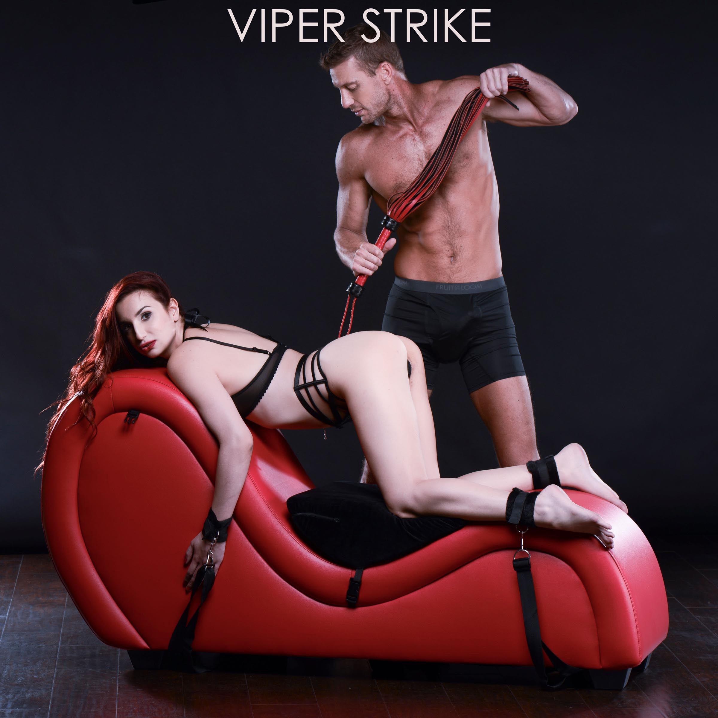 Kinky Couch Sex Chaise Lounge in red with adjustable straps and plush pillows, designed for intimate experiences and comfort.